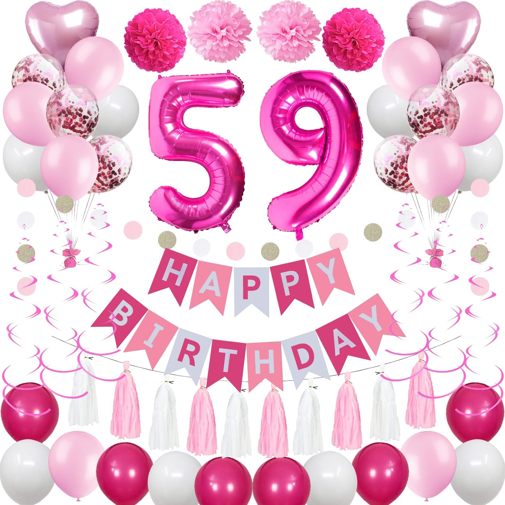 Amazon | 59歳の誕生日デコレーション、女性用、ピンクとホワイトの59