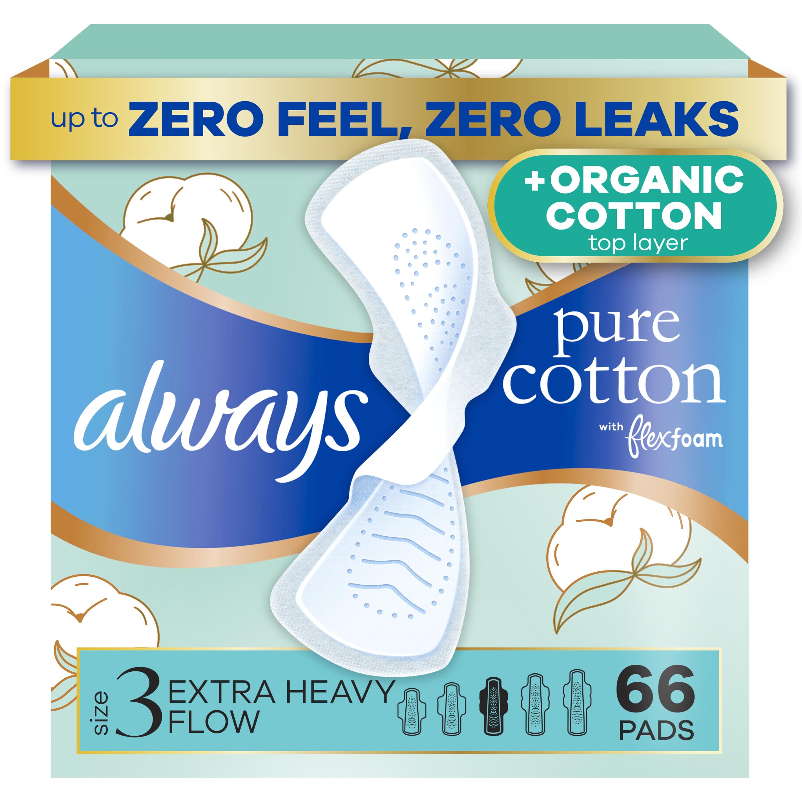Always Pure Cotton, Organic Cotton top Layer Pads for Women with Wings, Size 3 Extra Heavy, Unscented, 66ct