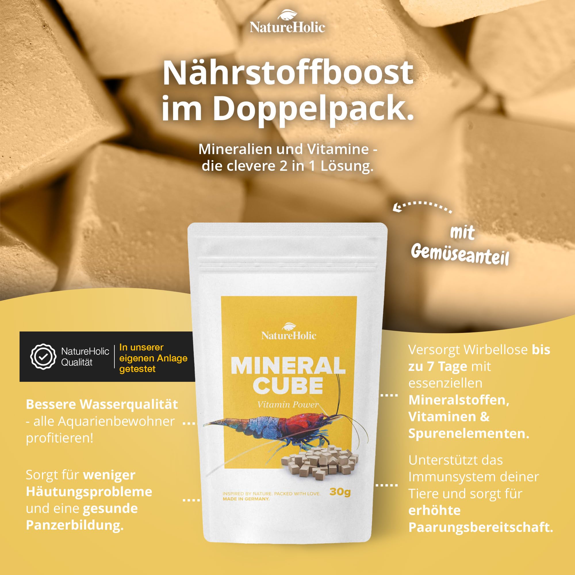 NatureHolic MineralCube - Confezione da 4 pezzi | Pure Mineral, Vitamine Power, Spinach Power & Blue Spirulina | Mangime minerale e permanente per gamberetti, lumache, granchi, granchi