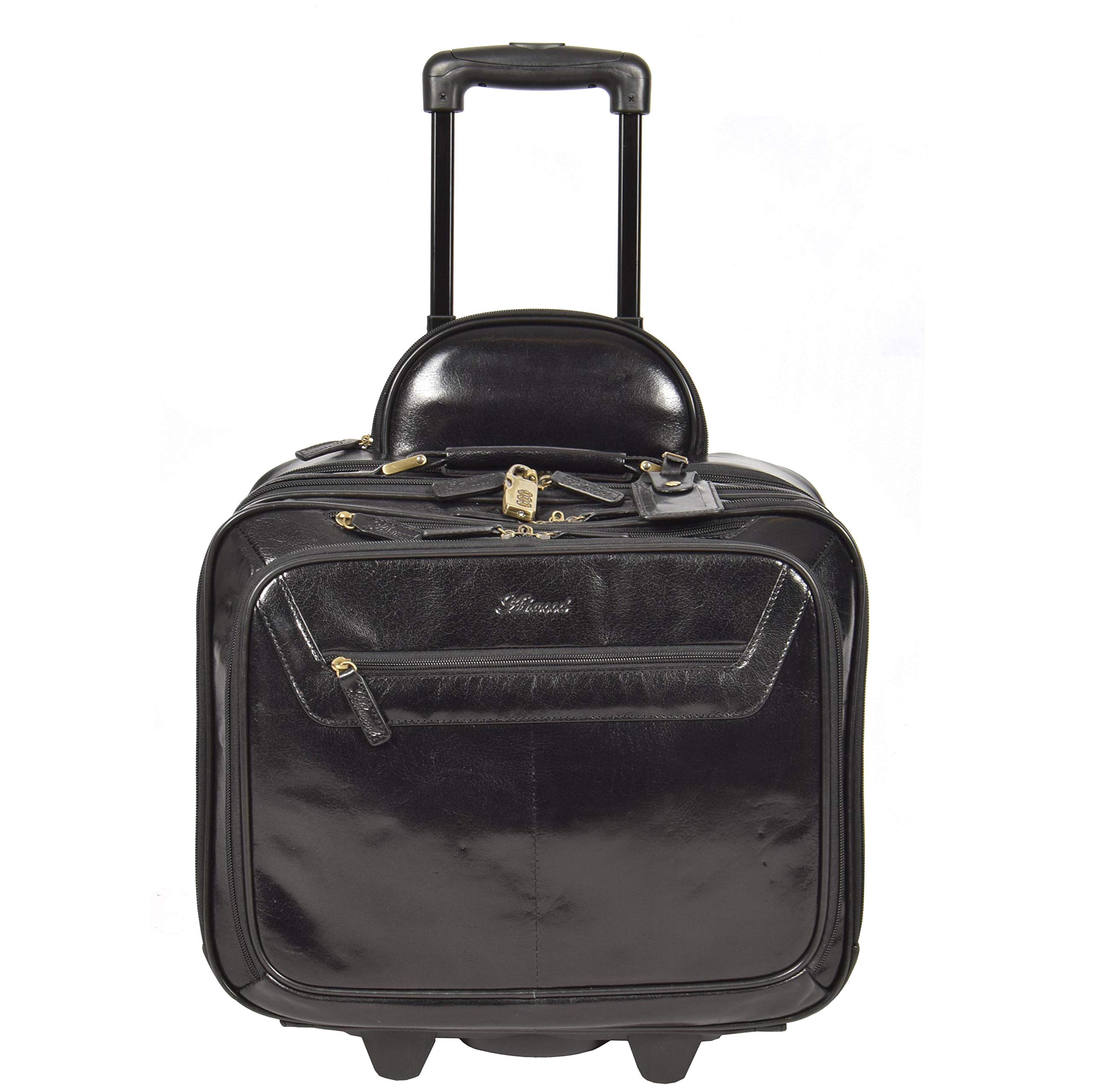 Borsa da viaggio in vera pelle con manico telescopico HOL15, Nero , L, Custodia pilota con ruote