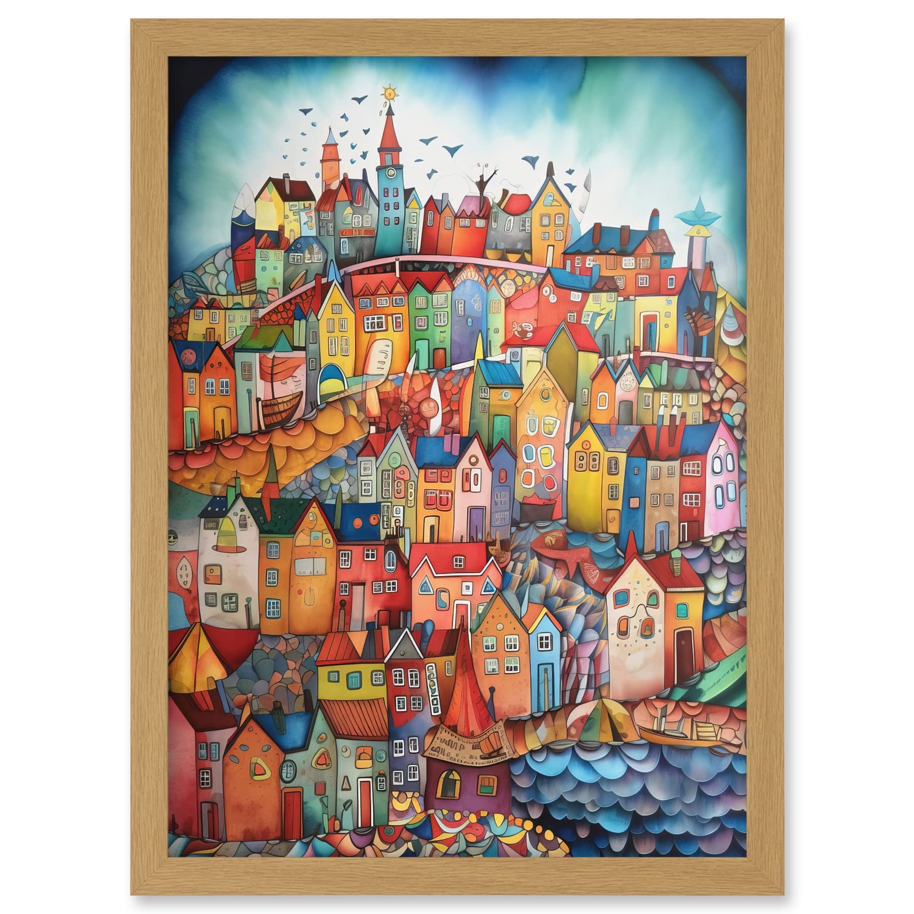 Artery8 Abstract Fishing Village Folk Art Artwork Framed A3 Wall Art Print