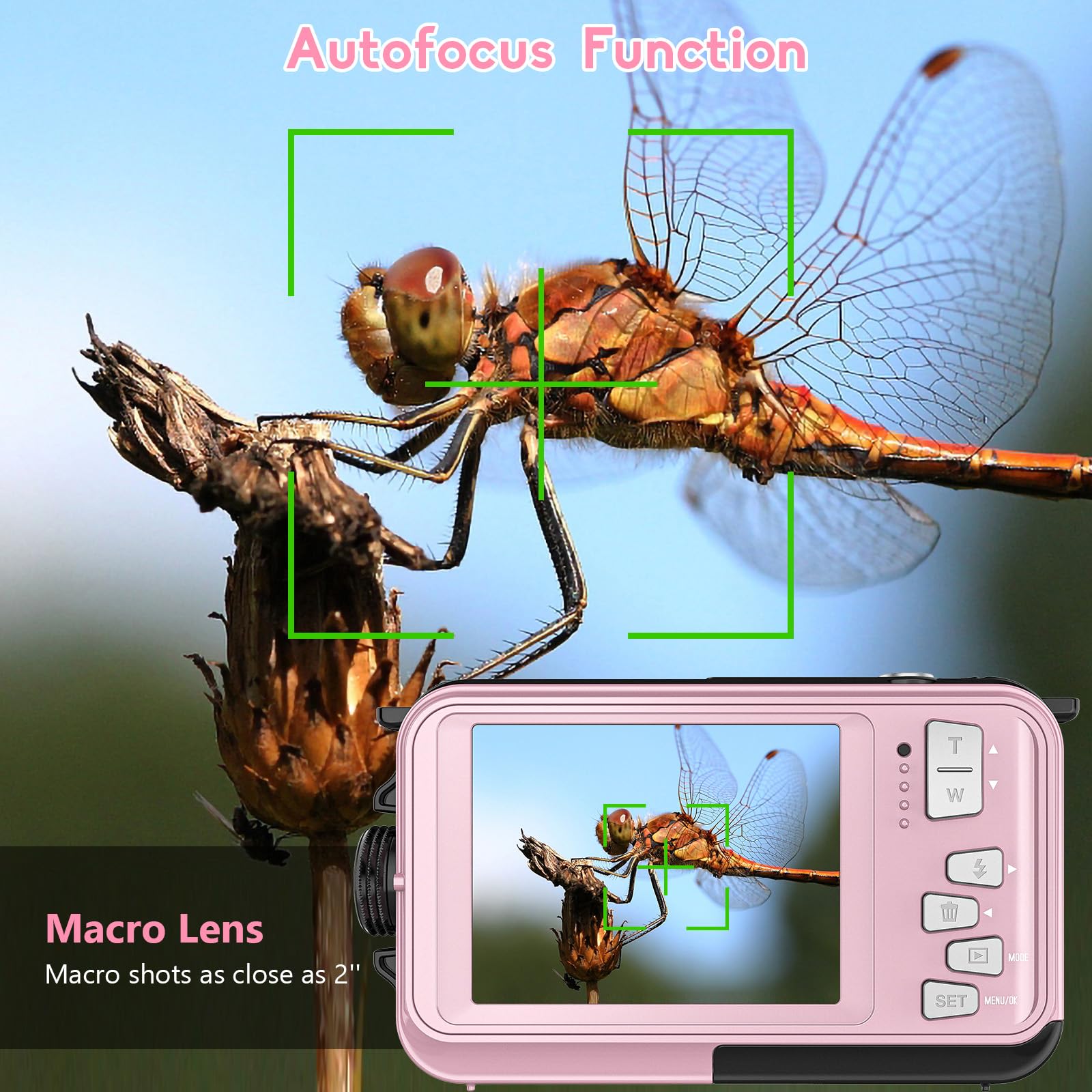 Appareil Photo Numérique Etanche Yixinxin 10FT étanche 4K vidéo 56MP Autofocus 16X Zoom Numérique pour la Plongée en Apnée avec Carte 32GB Rose Bonbon