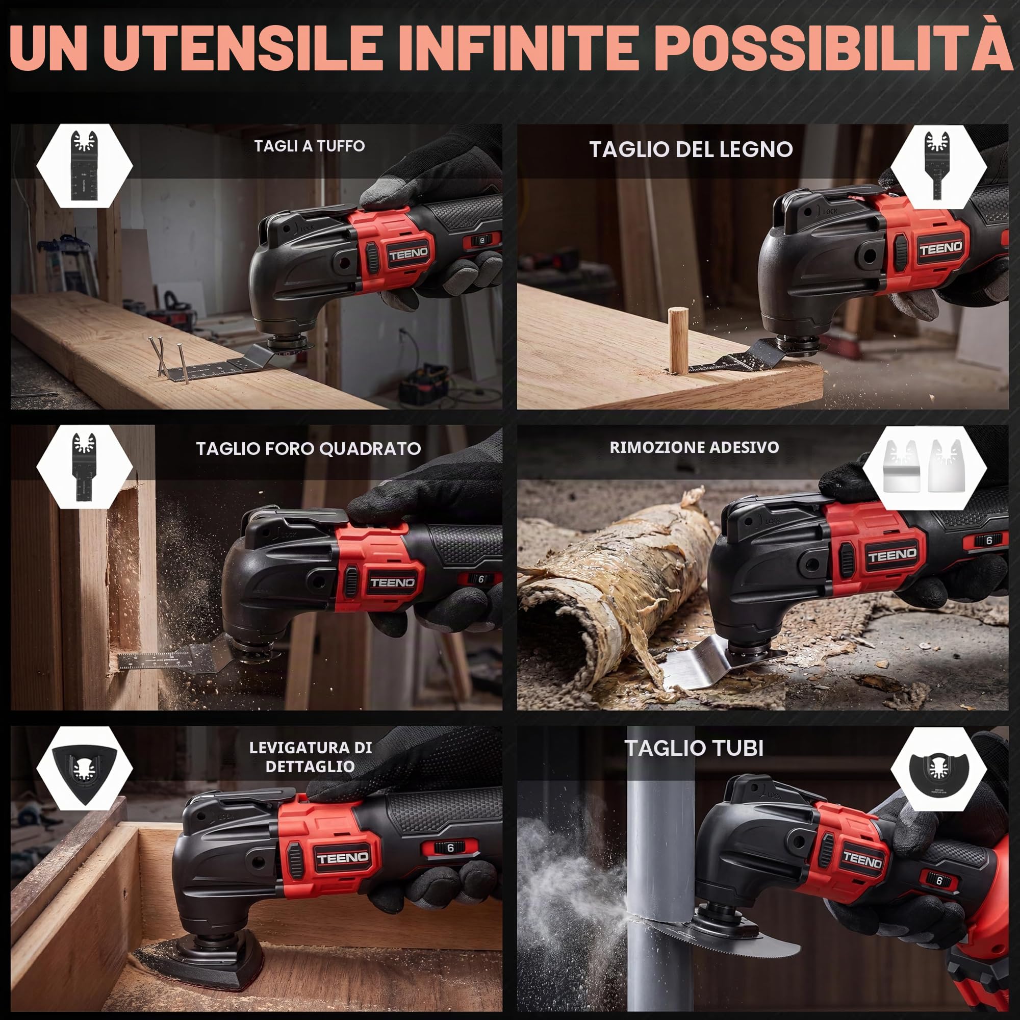 TEENO Utensile Multifunzione Oscillante Senza Fili 20V, Strumento Multifunzione Senza Fili Brushless, 6 Velocità Variabile, 8500-21000RPM, Caricatore, Angolo Oscillante 4°, Per Raschiare, Lucidare