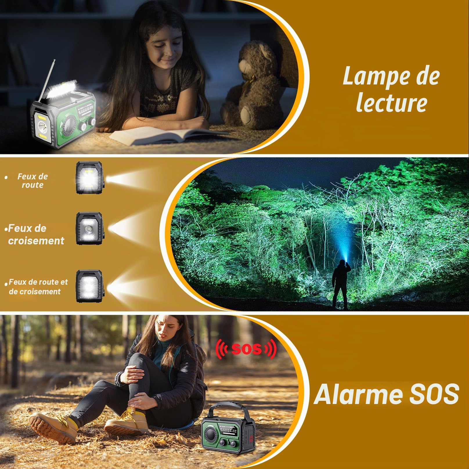 16000 Radio Solaire d'urgence,Ra dio Portative Manivelle,AM/FM Radio Solaire avec Boussole,Chargeur de Téléphone USB,Lampe de Poch,Alarme SOS pour Camping en Plein Air Randonnée (Vert armée)