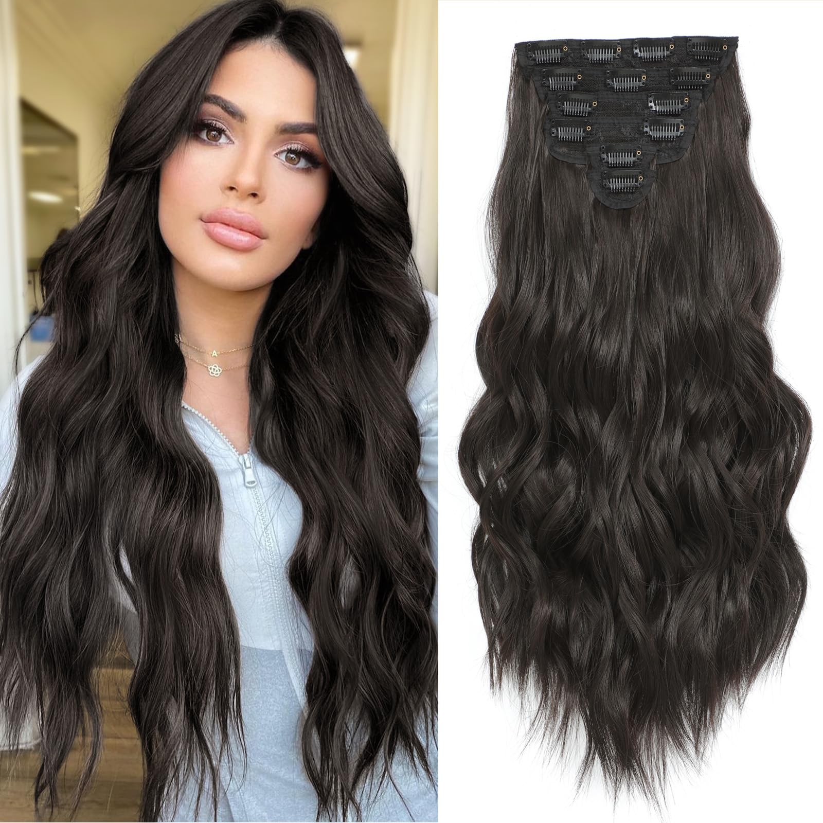 Clip in Hair Extensions for Women, Natural Dark Brown Extensions, 20 Inch 6PCS Hairpieces Long Wavy Soft Thick Hair Extensions clip ins