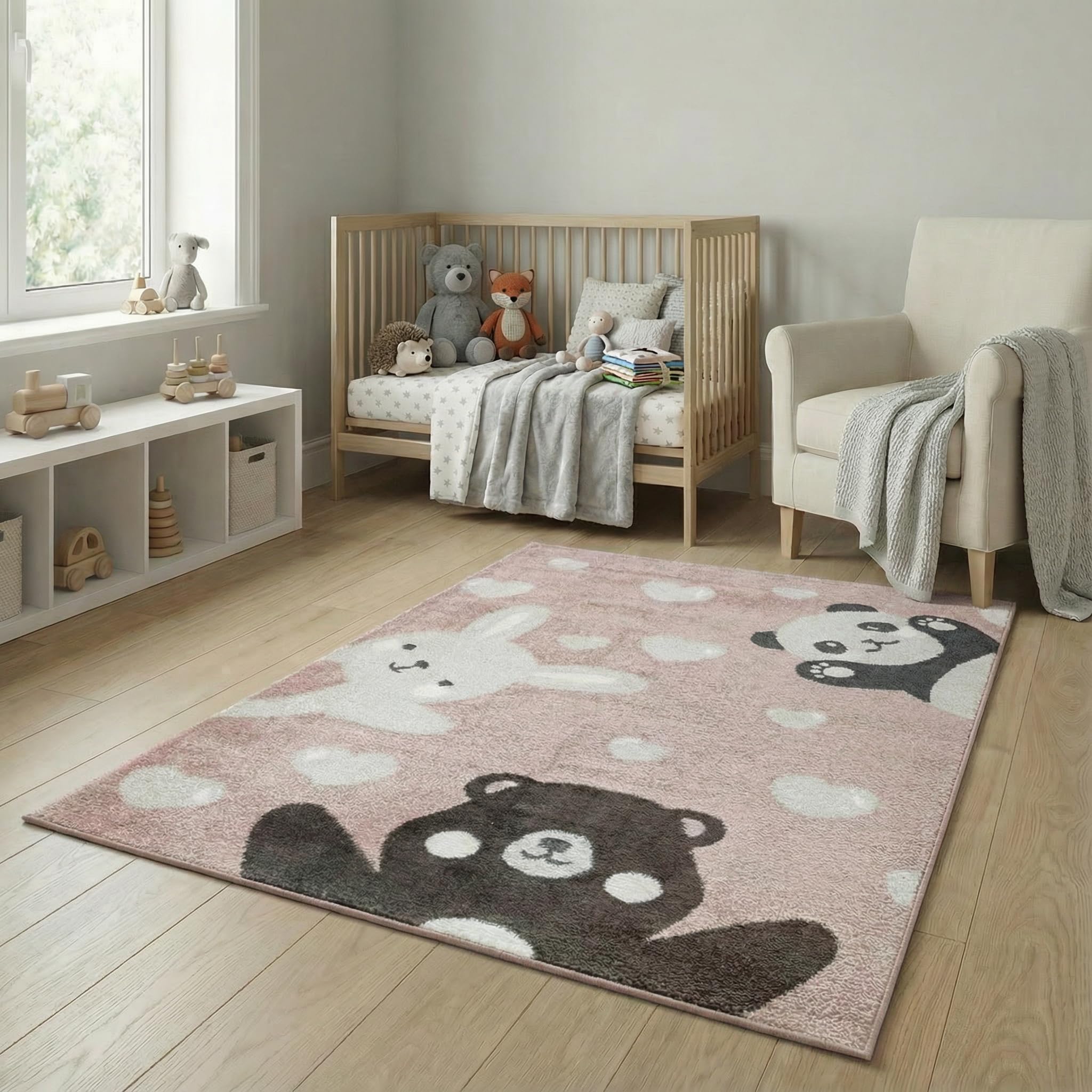 Jimri Teppich Kinderzimmer - Teppiche für Kinderzimmer, Kinderteppich, Kinderteppich Mädchen, Bär, Hase, Panda, Herz, (Hellrosa, Größe: 120x170 cm)