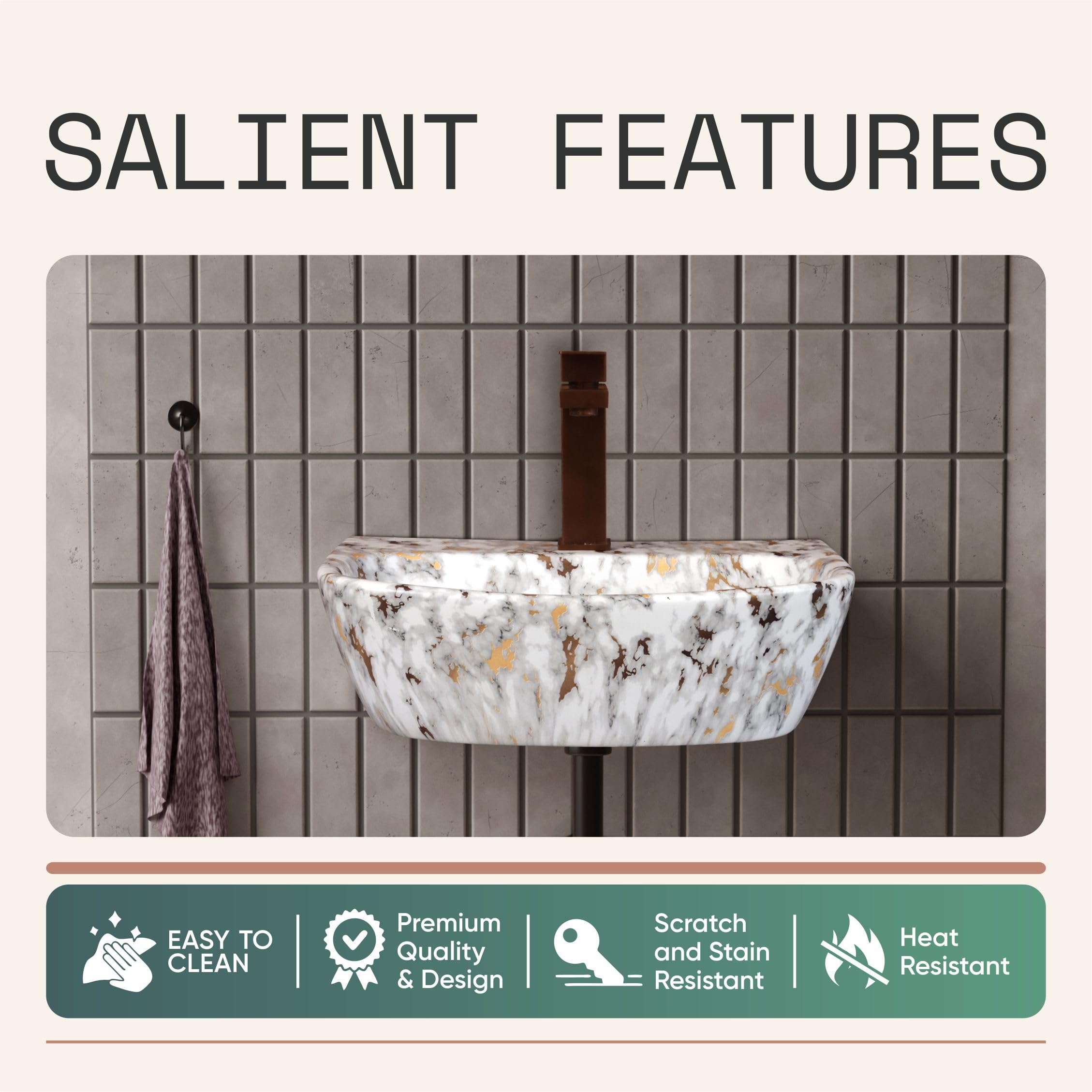 HISRE Wall-Mount Wash Basin 17"x12"x5" | White Golden Marble Finish Ceramic Sink | Modern Rectangular Bathroom Sink for Home, Office & Hotel Use, photo 3 of 5