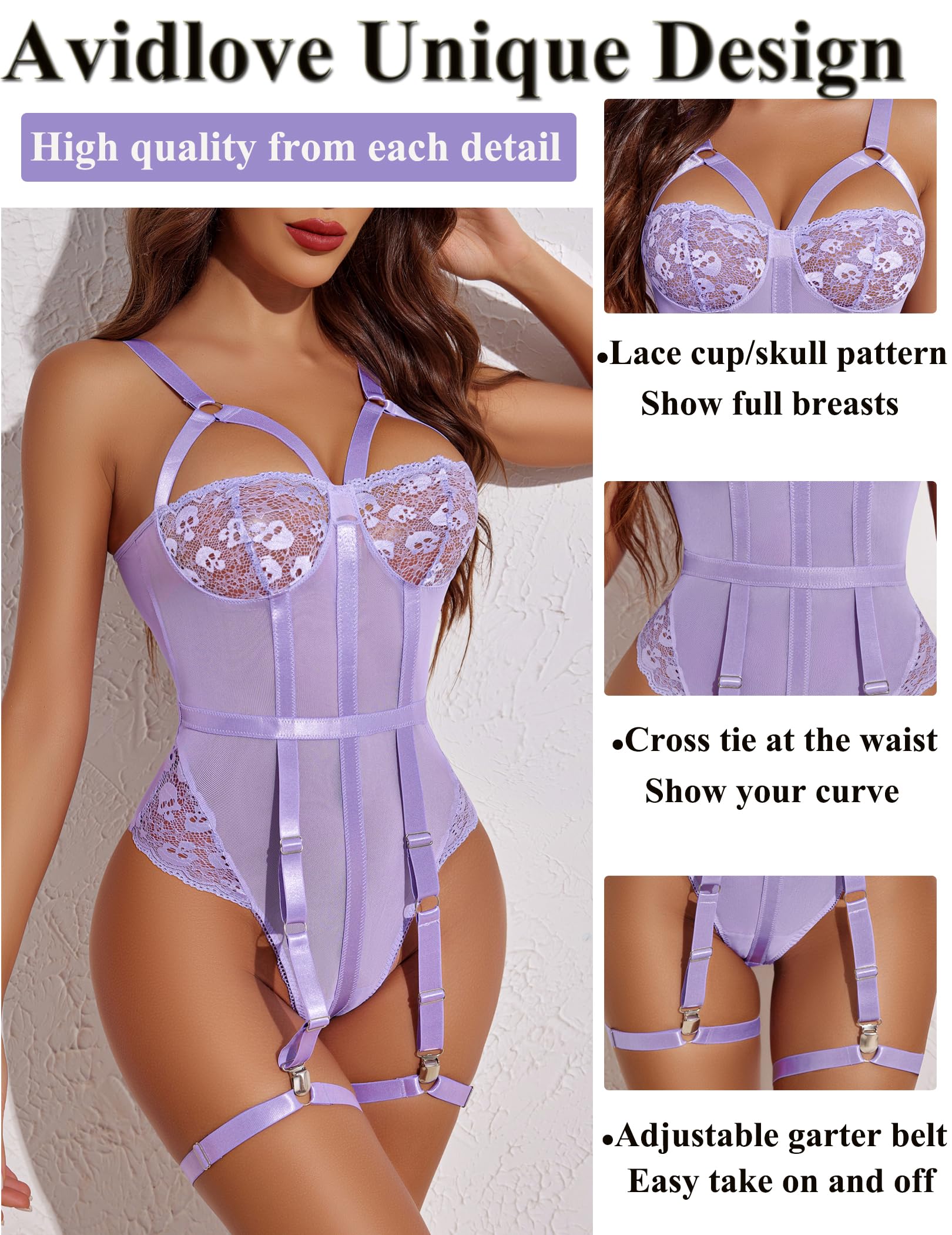 Avidlove Lingerie Sets for Women Sexy Lace Skull Corset with Garter Belt One Piece Teddy Bodysuit: X-Large Light Purple