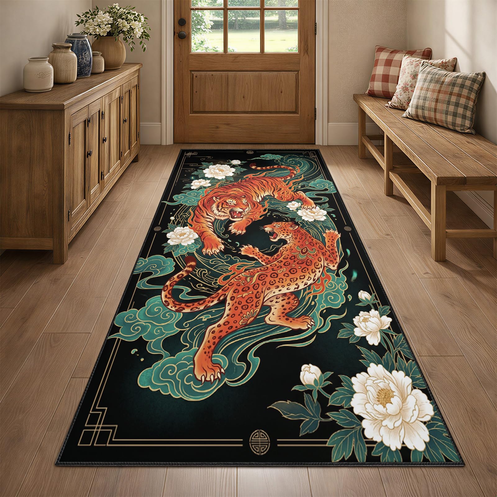 YEMYOR Tiger Carpet Runner 60x300cm, Floral Tiger Runner Rug for Hallway, Vintage Animal Long Carpet, Non-Shedding & Easy Care, for Bedroom Living Room