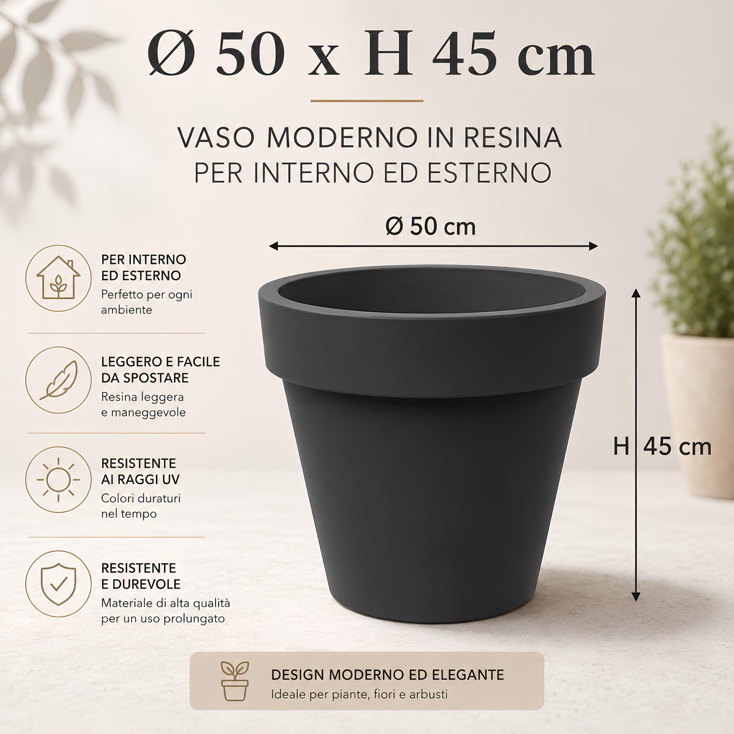 Tecnokit Tera Vaso Grande Standard One Ø50 cm Antracite in Resina, Vaso Moderno da Interno ed Esterno Resistente UV, Fioriera Rotazionale per Piante Grandi, Terrazzo e Giardino