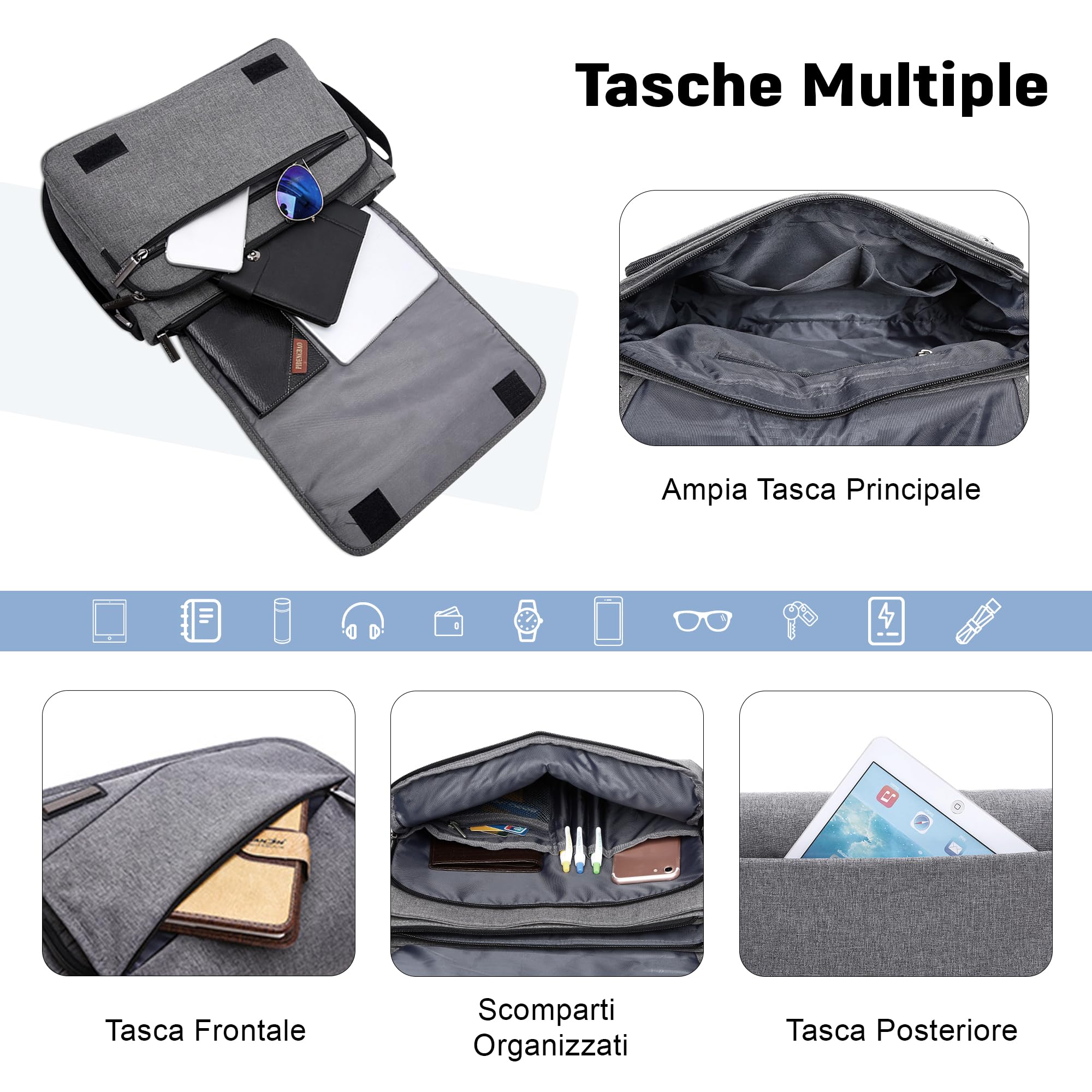 VARLIVOO Moda Uomo Borse a Spalla Borsa a Tracolla da Uomo Messenger Borse 13" Pollici Laptop Borse Scuola Università Viaggio Lavoro Campeggio Poliestere Grigio