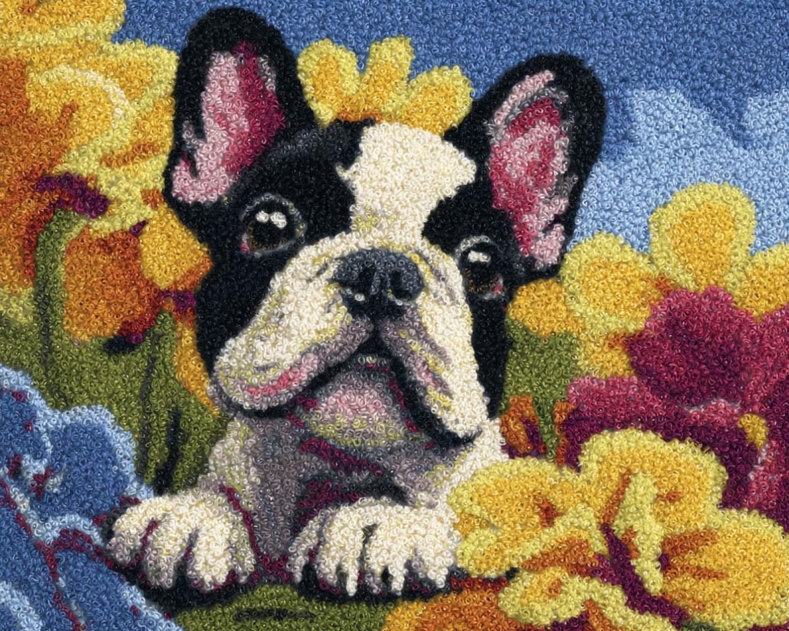 Wallphantom DIY Latch Hook Rug Kit,French Bulldogs and Flowers,Latch Hook Kits for Adults,Home Carpet Rug Making,Needlework Crafts Rug for Home Decor,60x90cm