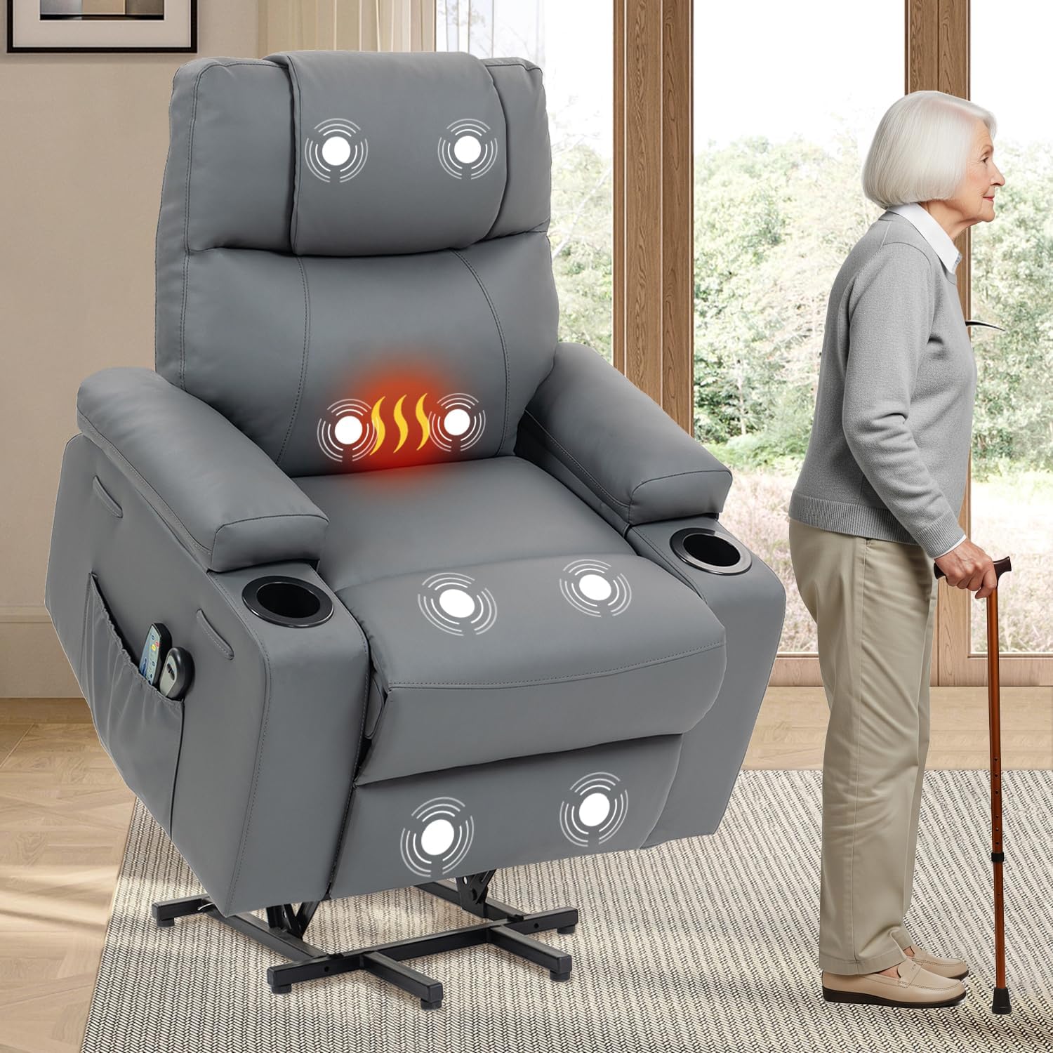 Power Lift Recliner Sofa Chair, Electric Stand Assit for Elderly People, Leather Reclining Chair with Cup Holders, Massage & Heat Functions, Living Room or Bedroom Furniture for Resting, Gray