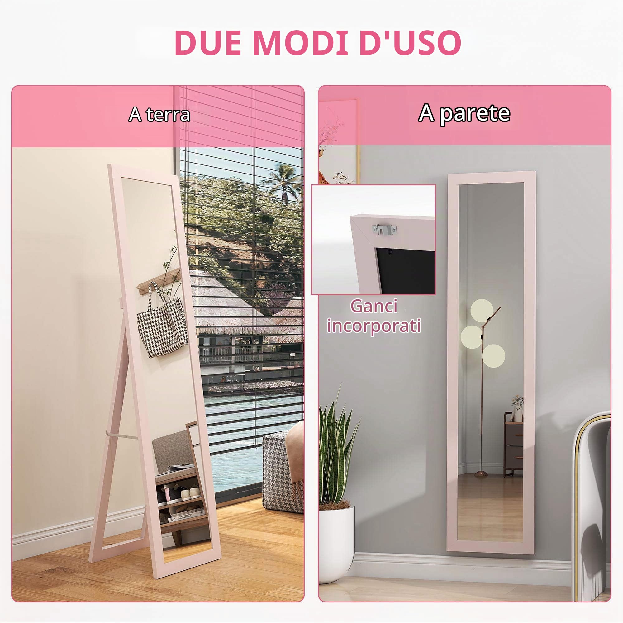 HOMCOM Specchio intero da terra 157x37cm con supporto rosa perlato chiaro