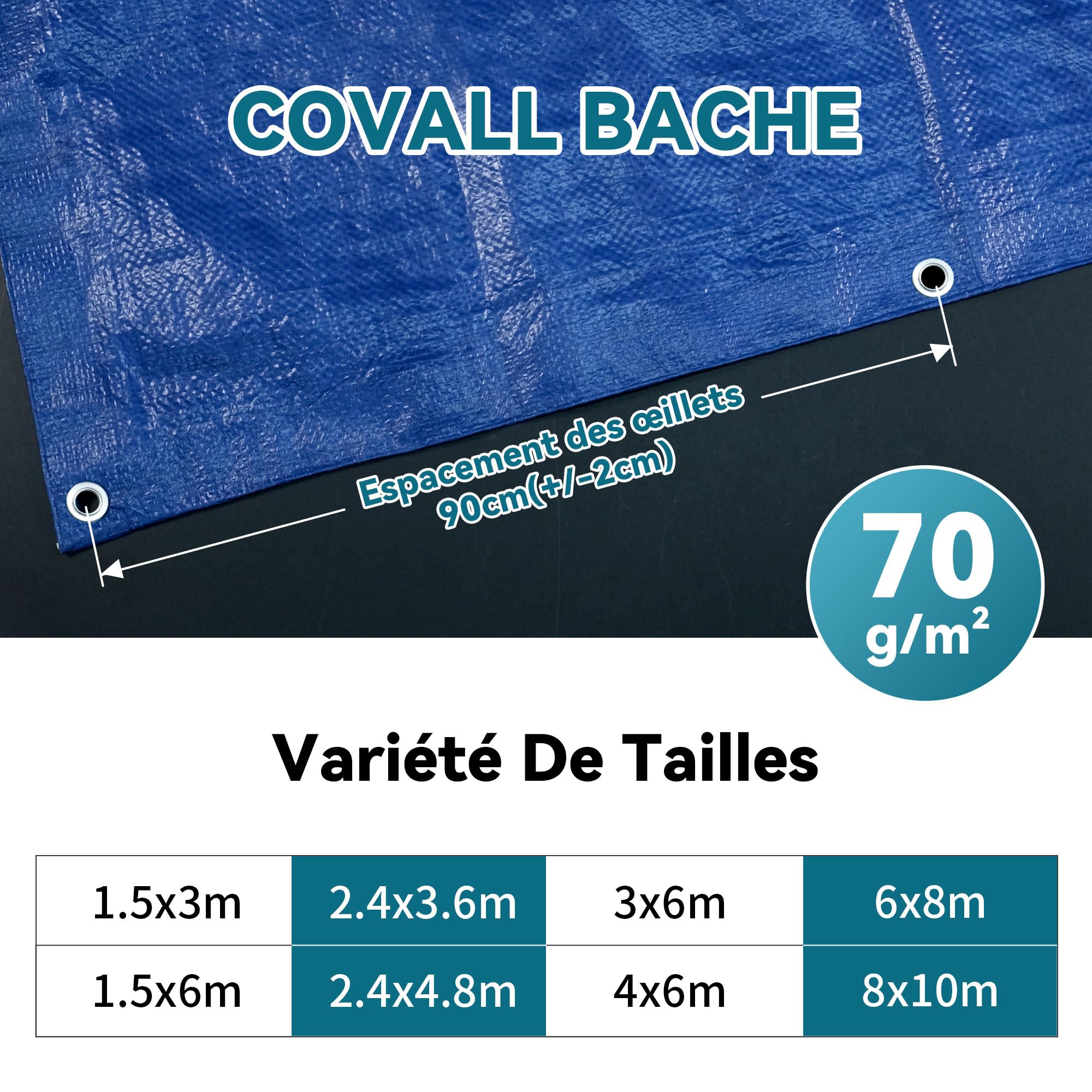 Bâche de Protection Extérieure Bleu – 8 x 10 m, 70 g/m² – Imperméable avec Œillets – pour Jardin, Camping, Bois