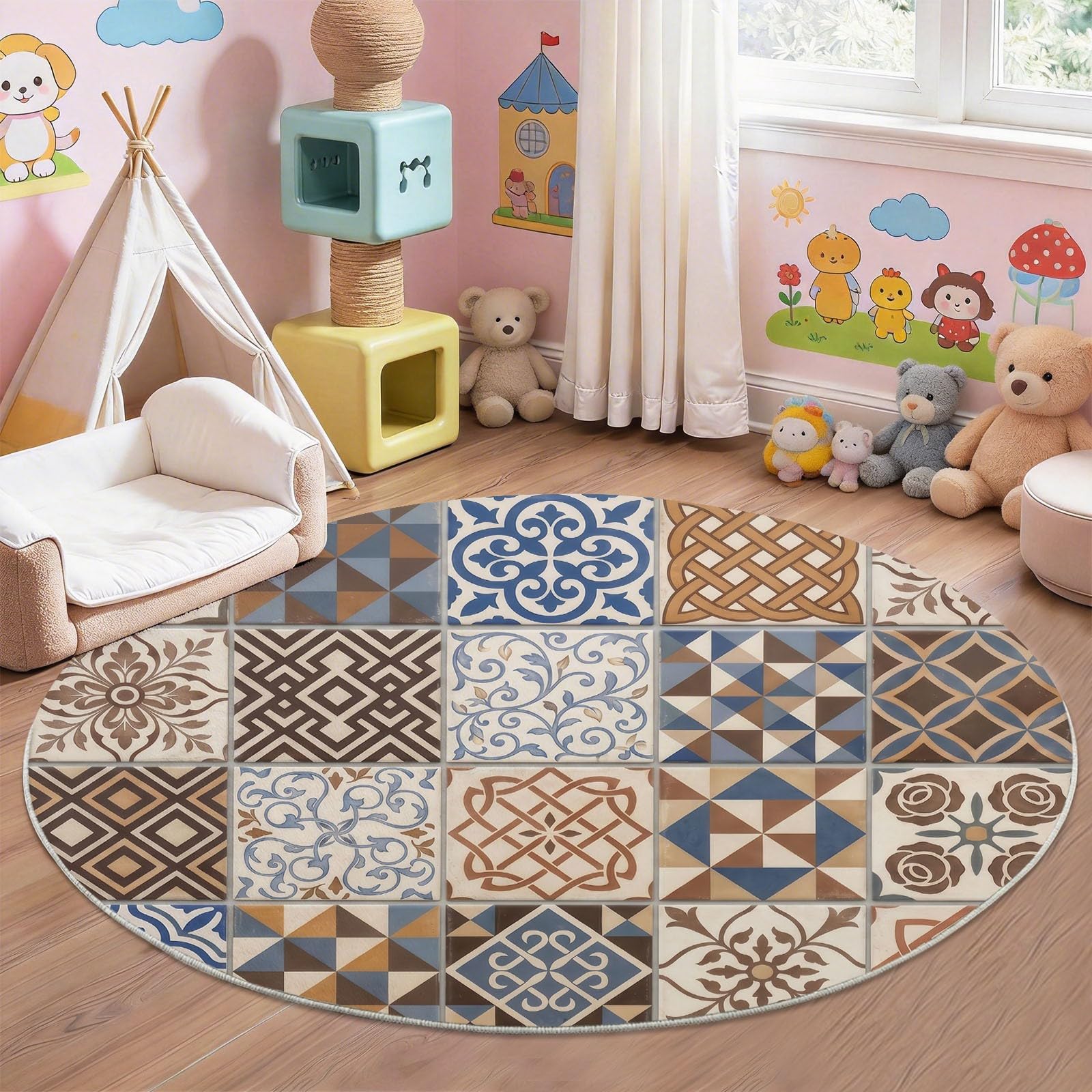 Geometrisch Runder Teppich 120 cm, Waschbar rutschfest Teppiche, Pflegeleichter Weich Bunte Mosaikfliesen Teppich Rund für Flur Küche Eingang Wohnzimmer Kinderzimmer, Mehrfarbig Blau