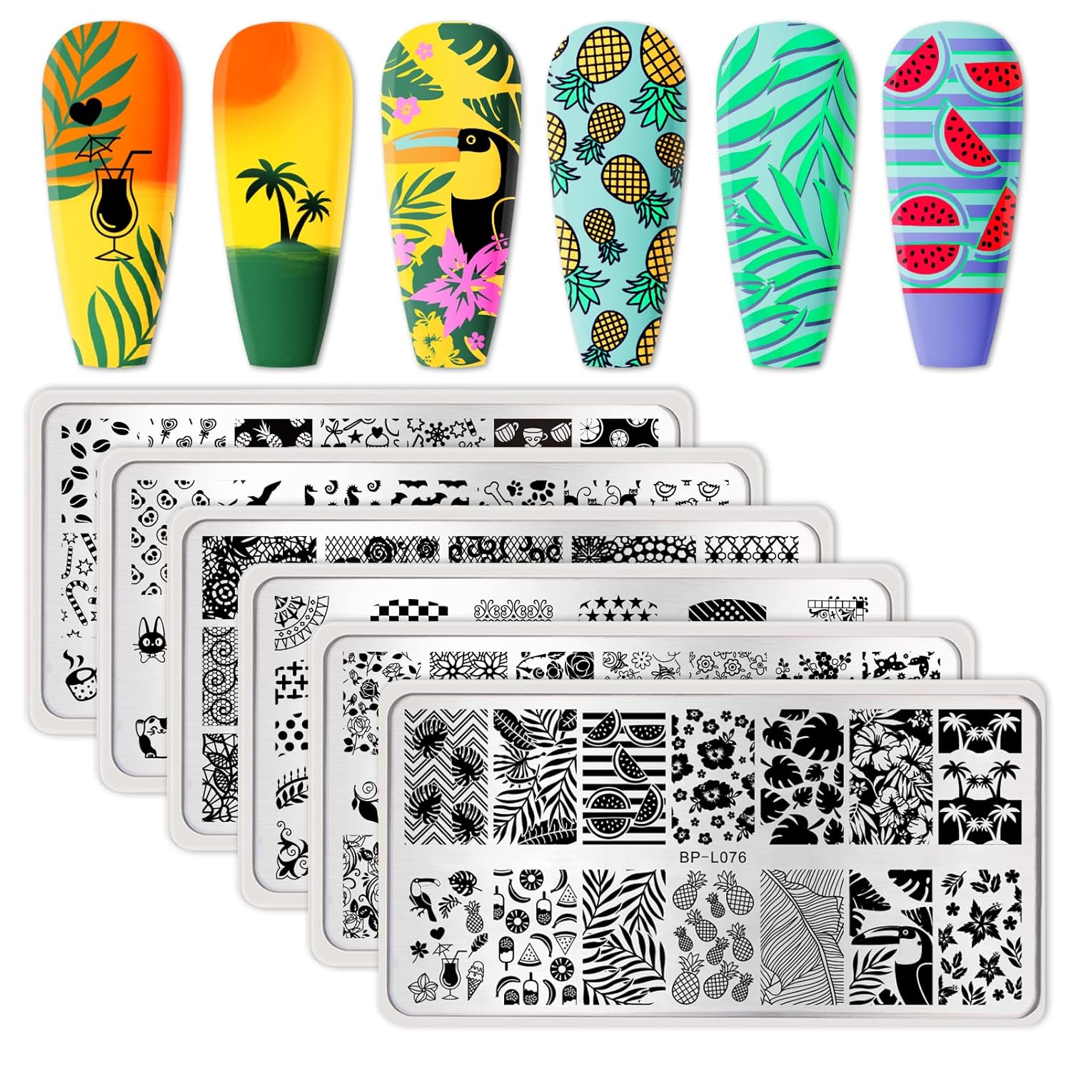 amazon com born pretty nail art stamping plates set food bunnies flowers lace tropical french tip themes manicuring diy nail templates plates print tool set everything else