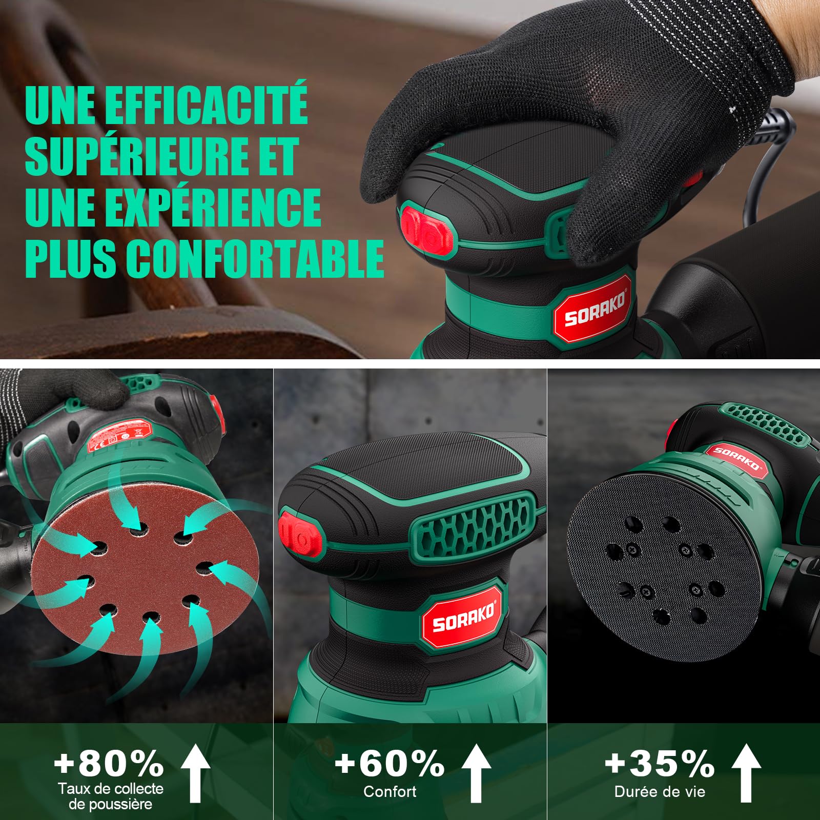 SORAKO Ponceuse Excentrique 350 W 125 mm, Ponceuse à 6 Vitesses avec Boîte