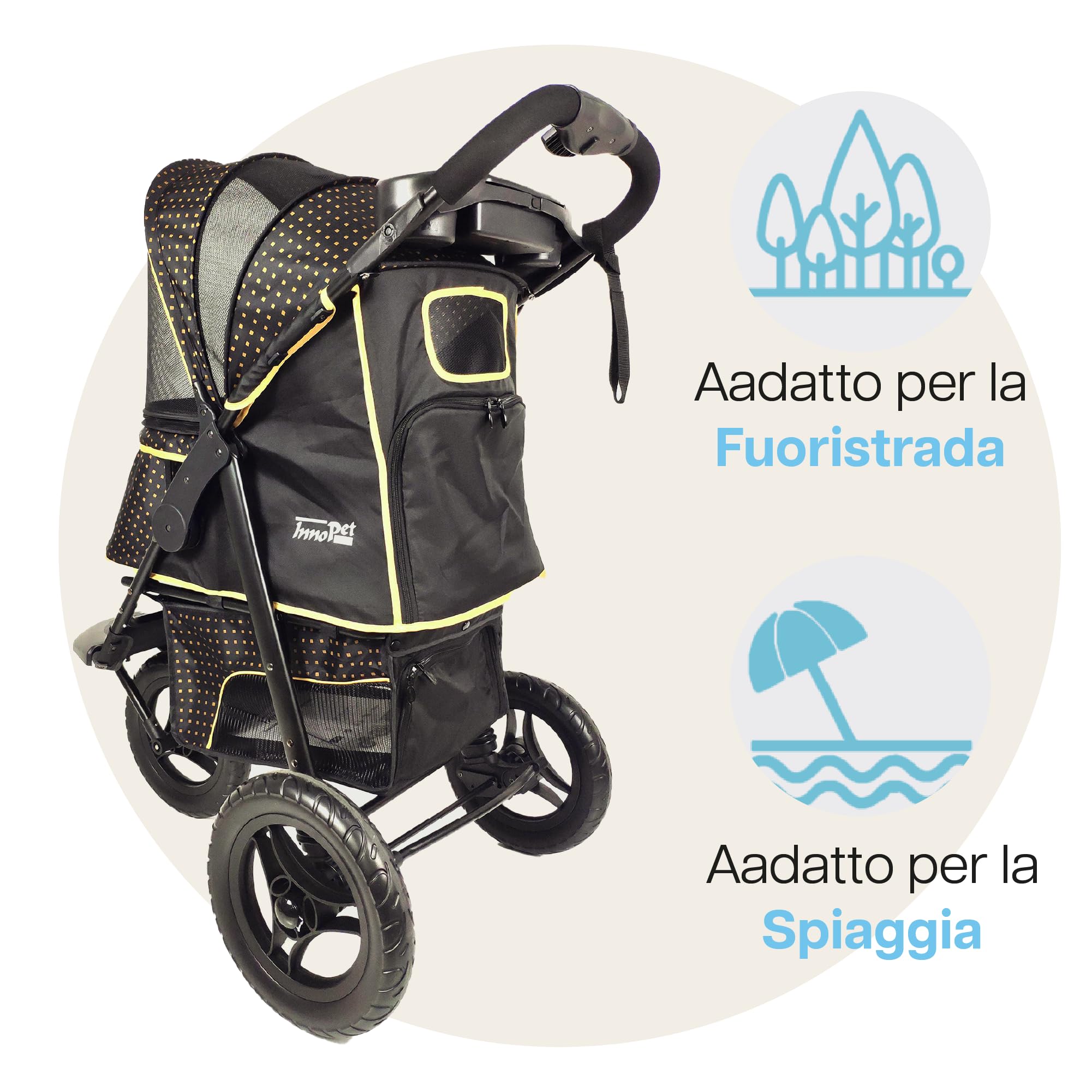 Passeggino Innopet Adventure per cani e gatti, nero/giallo - Passeggino fuoristrada Capacità 30 kg - Ruote antiforatura - Chiusura con una sola mano - Portabicchieri e ampio vano portaoggetti