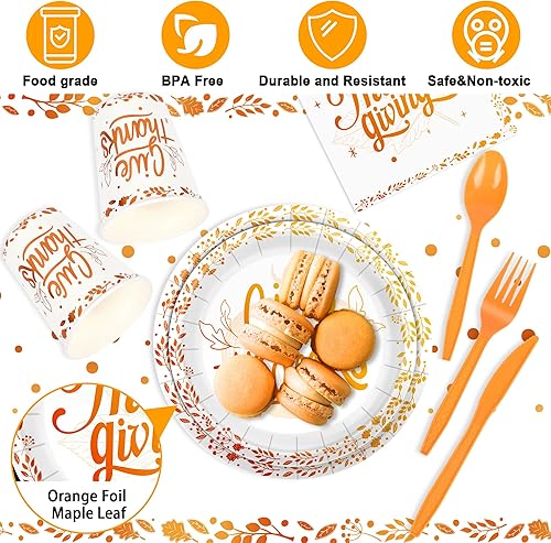 Miniatura 4 de Juego de vajilla desechable de Acción de Gracias, 202 piezas, decoración de fiesta naranja, sirve 24 platos de papel, servilletas, vasos, globos de