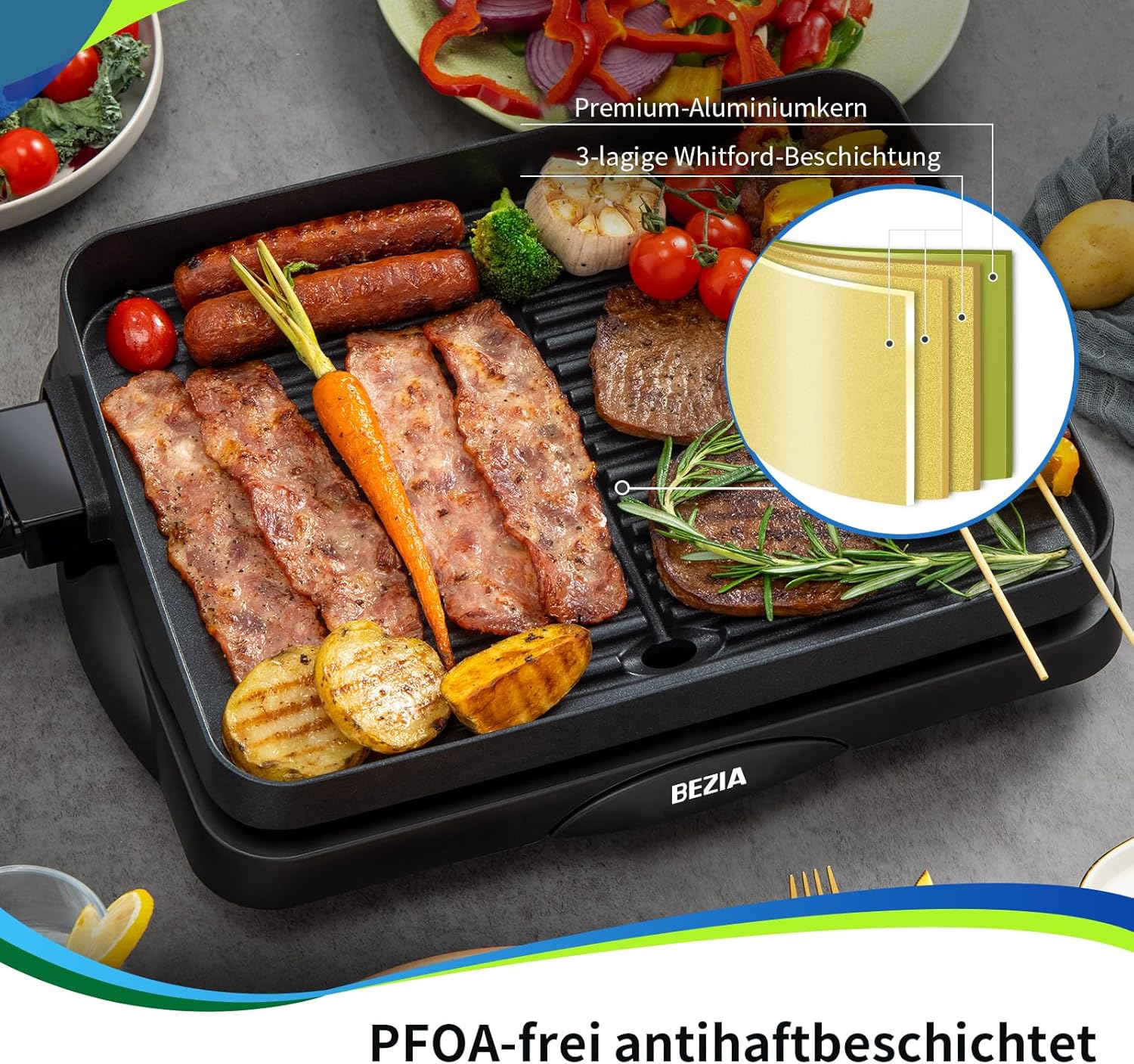 BEZIA Griglia elettrica da tavolo, griglia per feste, termostato regolabile, vassoio raccogli grassi, cottura lenta e veloce nera BEZIA Griglia elettrica da tavolo, griglia per feste, termostato regolabile, vassoio raccogli grassi, cottura lenta e veloce nera