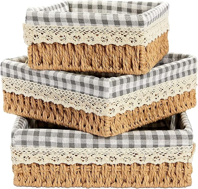 Set of 3 Rectangular Wicker Baskets with Removable Liner, Woven Storage Shelves (3 Sizes)