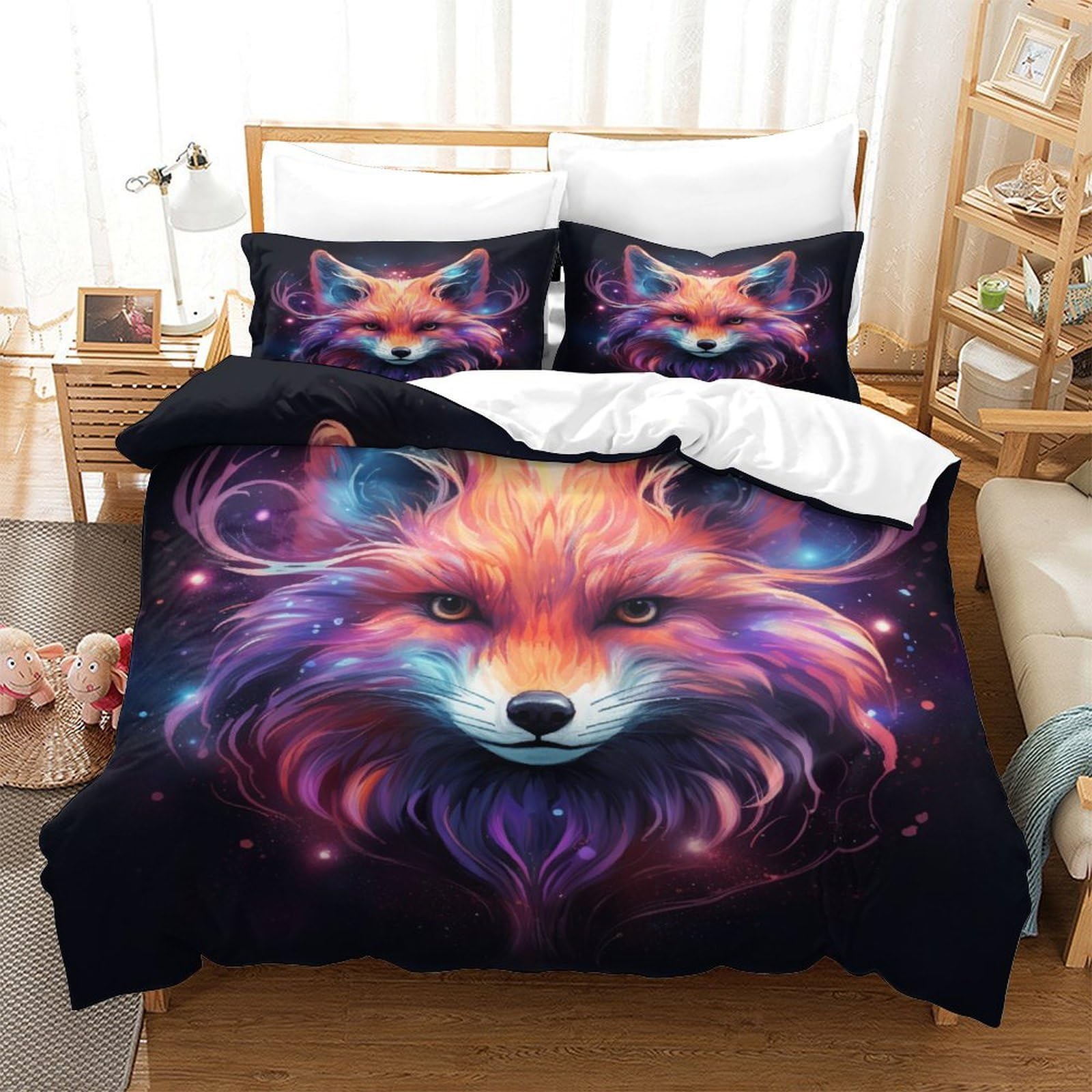 Housse de couette 3D motif animal renard en microfibre King 220x240