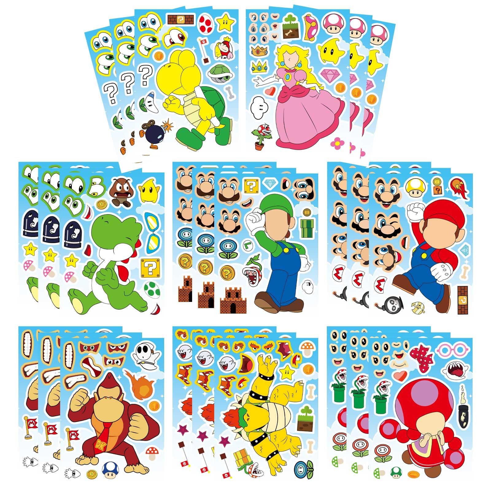 32 PCS Mario Make a Face Stickers, DIY Mario Party Supplies Favors Make Your Own Stickers Mixed and Matched with Different Designs Characters for Birthday Gifts Class Reward Book Decor 13+