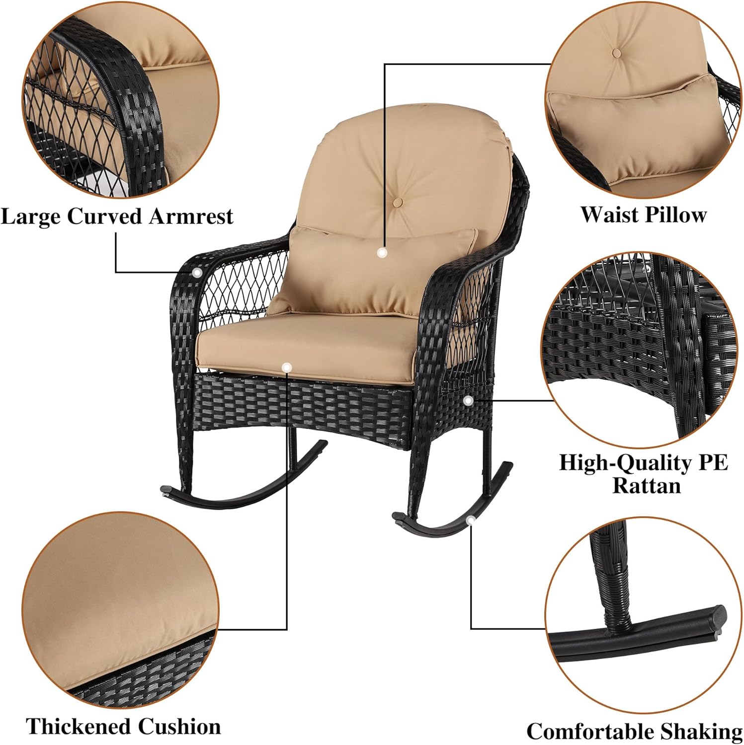Outdoor Wicker Rocking Chair, All Weather PE Rattan Rocker with Cushion & Pillow, Outdoor Rocking Furniture for Garden, Porch, Backyard, Poolside (Black Rattan+Khaki Cushion)