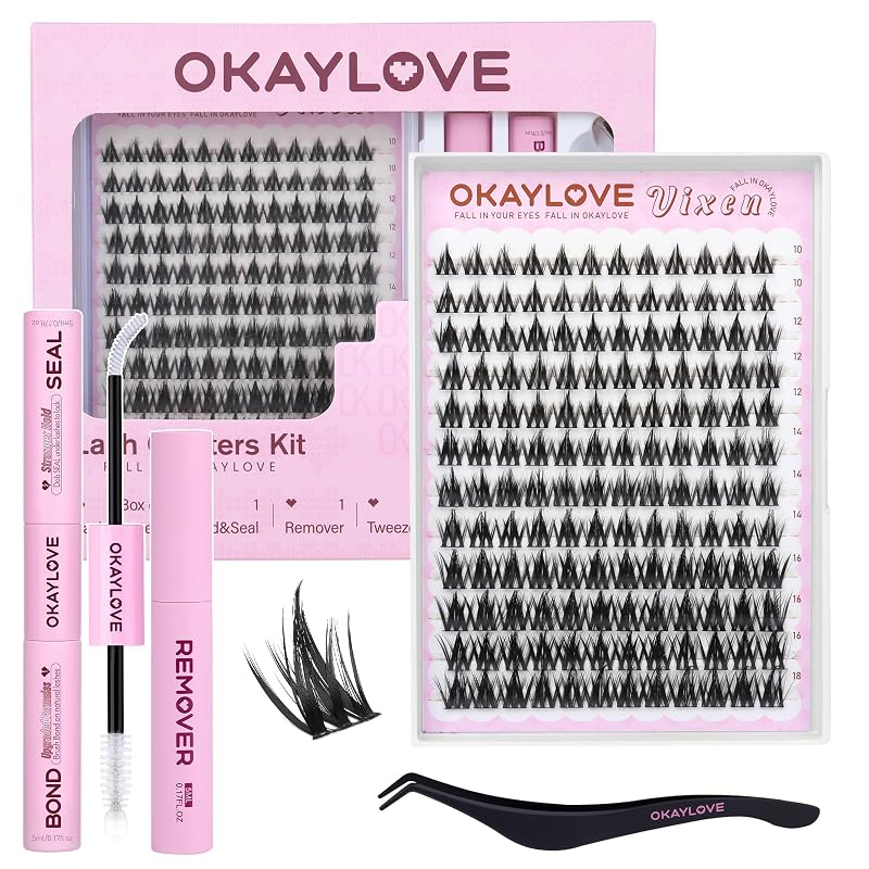 Kit de cílios postiços em tufos OKAYLOVE Vixen 10–18 mm com adesivo, selante, removedor e pinça, 120 unidades