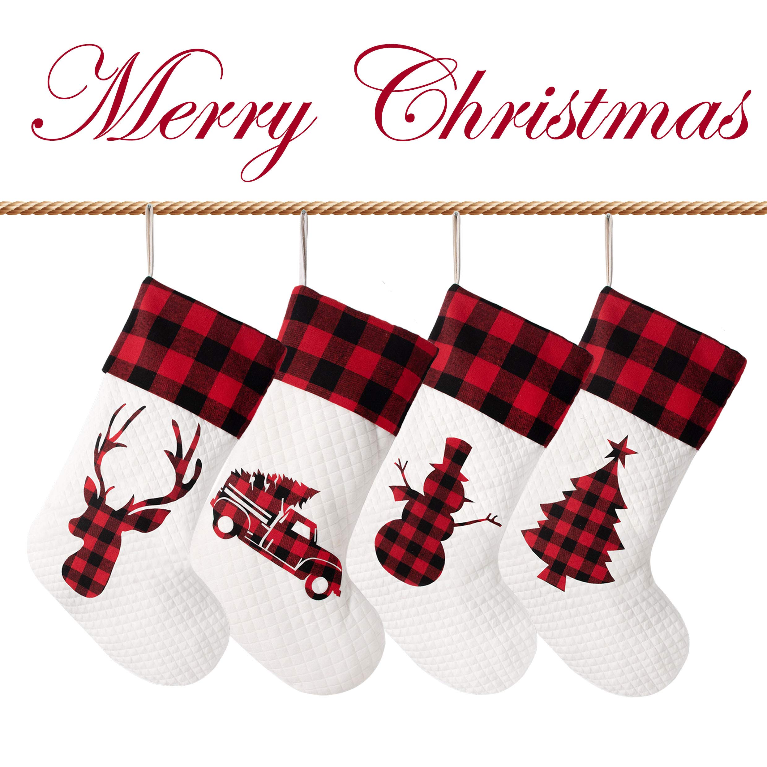 LUBOTS Lot de 4 bas de Noël (50,8 cm) Silhouette de buffle rouge écossais / rustique / ferme/campagne / cheminée en coton à suspendre Décoration de Noël pour la famille Vacances Décor