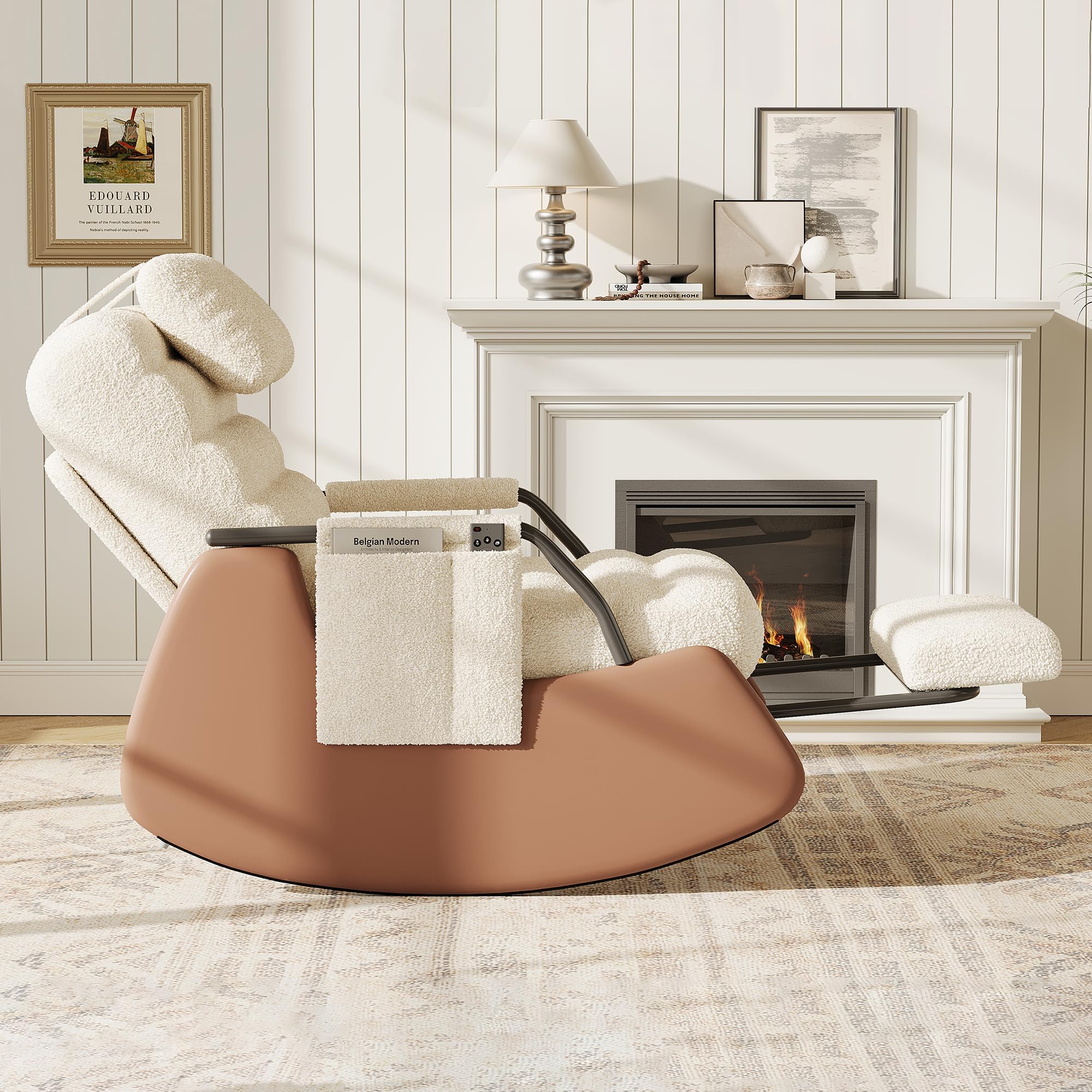 Schaukelstuhl mit Fußstütze, Rückenlehne verstellbar, 3 Positionen, Schaukelstuhl, Relaxsessel mit Kopfstütze, Armlehnen aus Holz, für Wohnzimmer, Schlafzimmer, Lesen (Lammfell, Beige A)