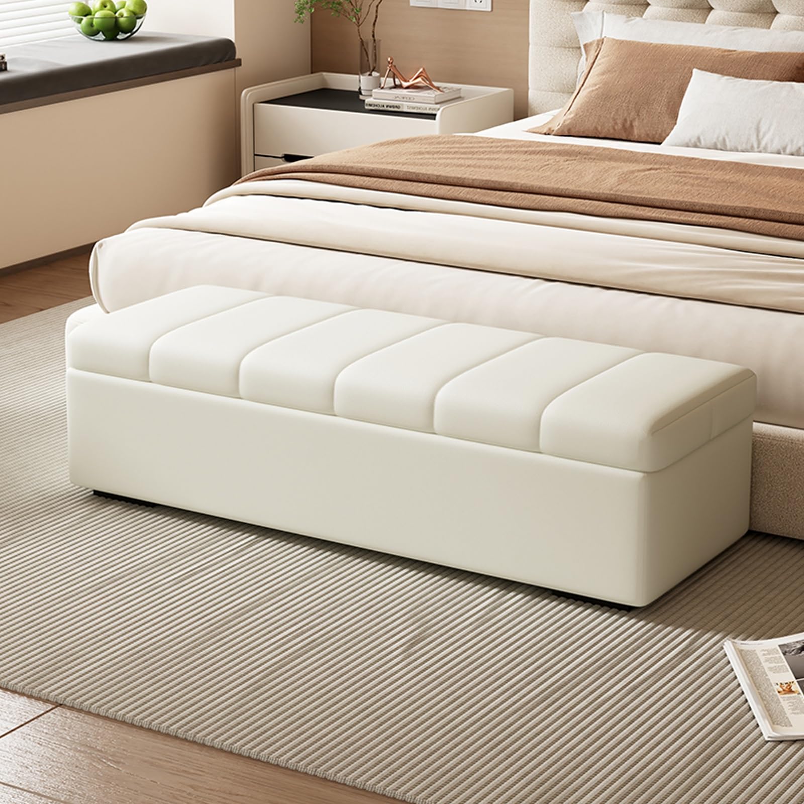 WJFTODAY Stylish White Leather Storage Ottoman Bench Versatile Entryway Footstool Bedroom Toy Perfect for Living Room & End of Bed (160cm/62.9in)
