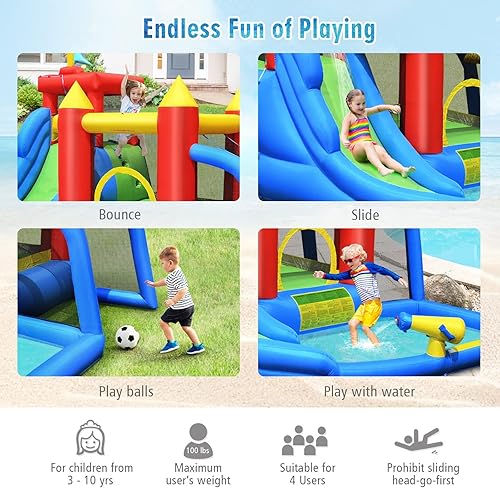 Vista 5 de OLAKIDS Tobogán acuático inflable, castillo de salto con tobogán, pared de escalada, pistola de agua, piscina de salpicaduras, portería de fútbol