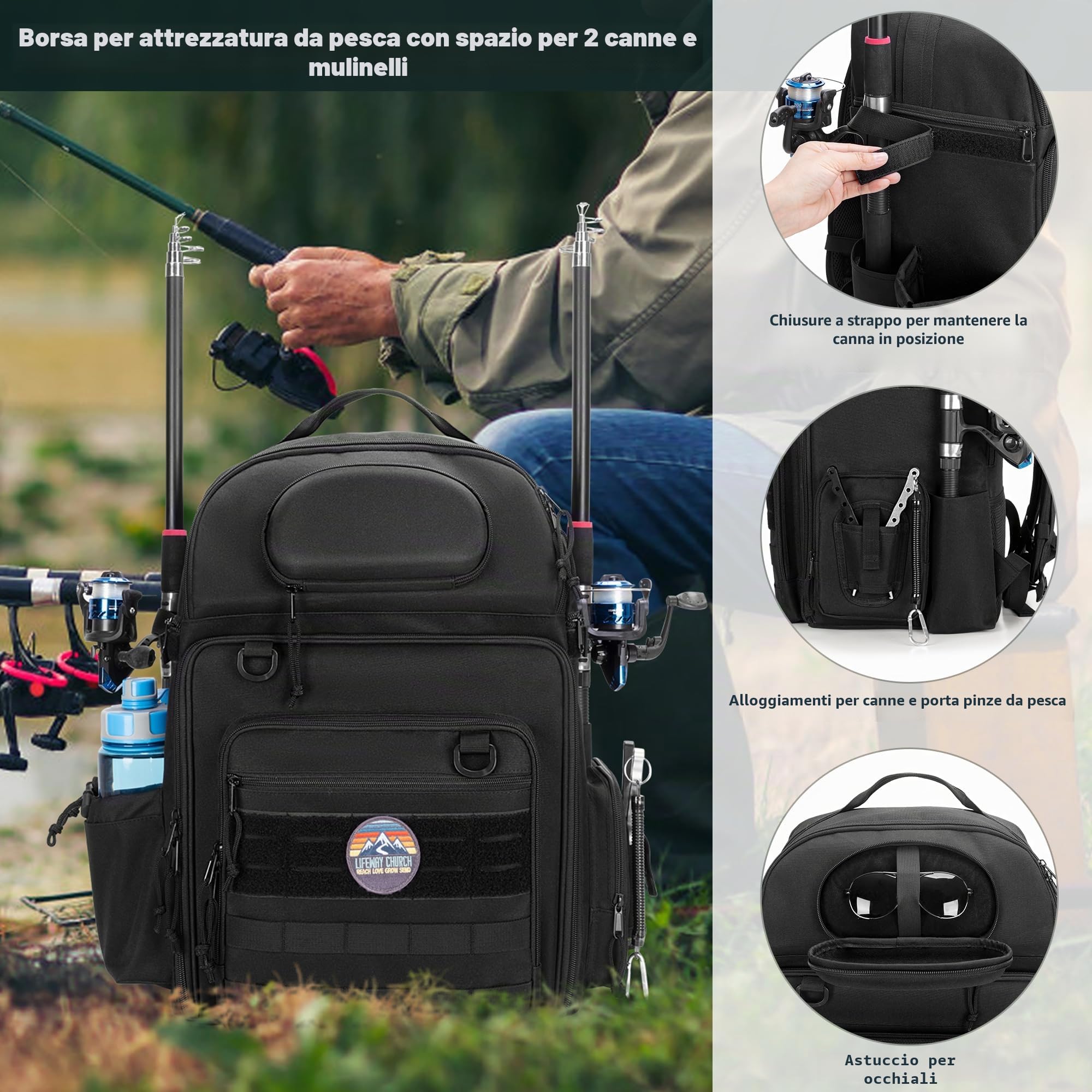 Rexmica Mochila de Pesca para 2 Cañas y Carretes, Bolsa para Cañas, Nero | con Compartimentos para Cajas de Aparejos, Ideal para Pesca, Senderismo, Camping y Trekking (Solo Bolsa)