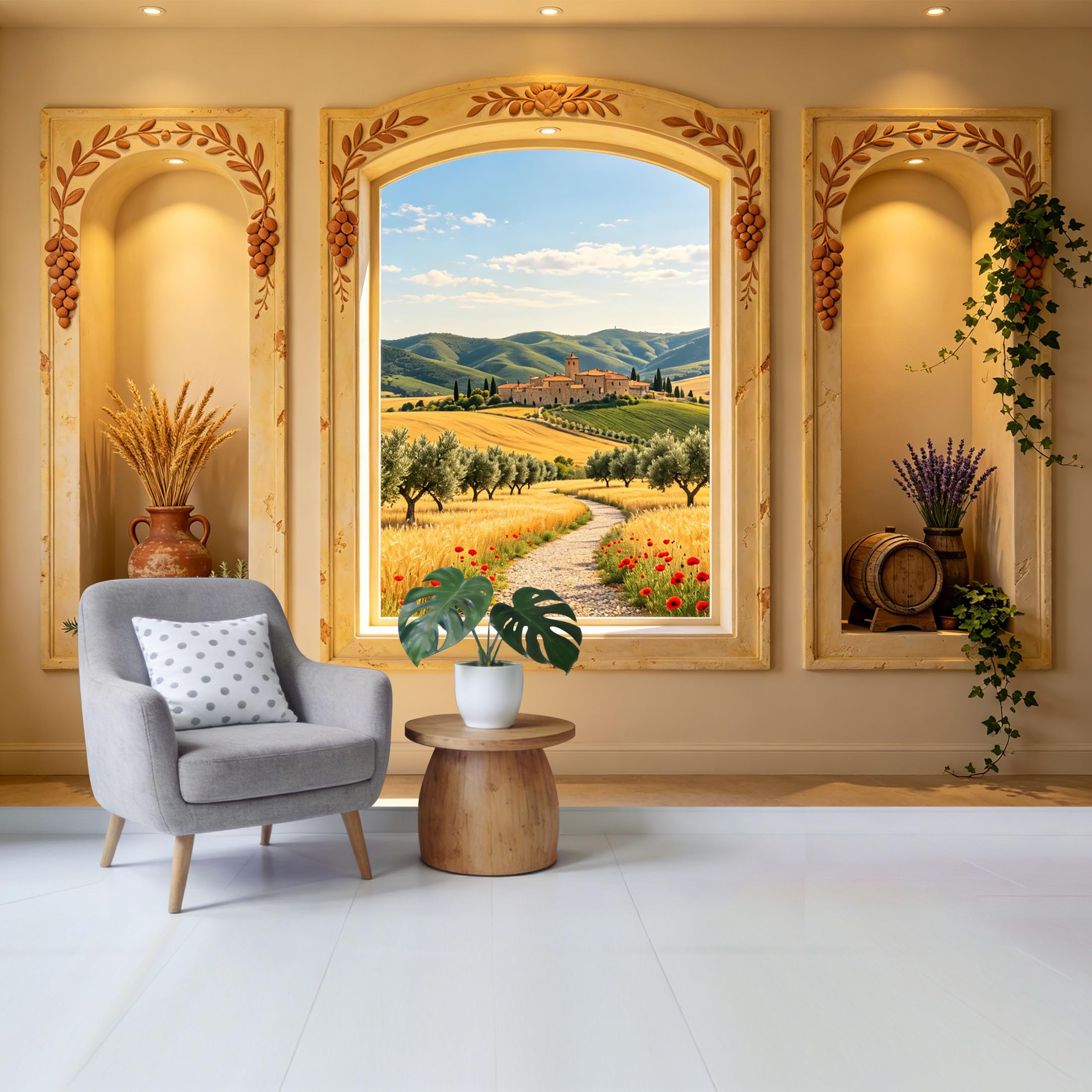 Removable Self Adhesive Fabric Mural， Tuscan Landscape Countryside Wheat Field Custom Size Wall Covering， UV Protected Waterproof Washable Wall Decor for Living Room Bedroom Bathroom
