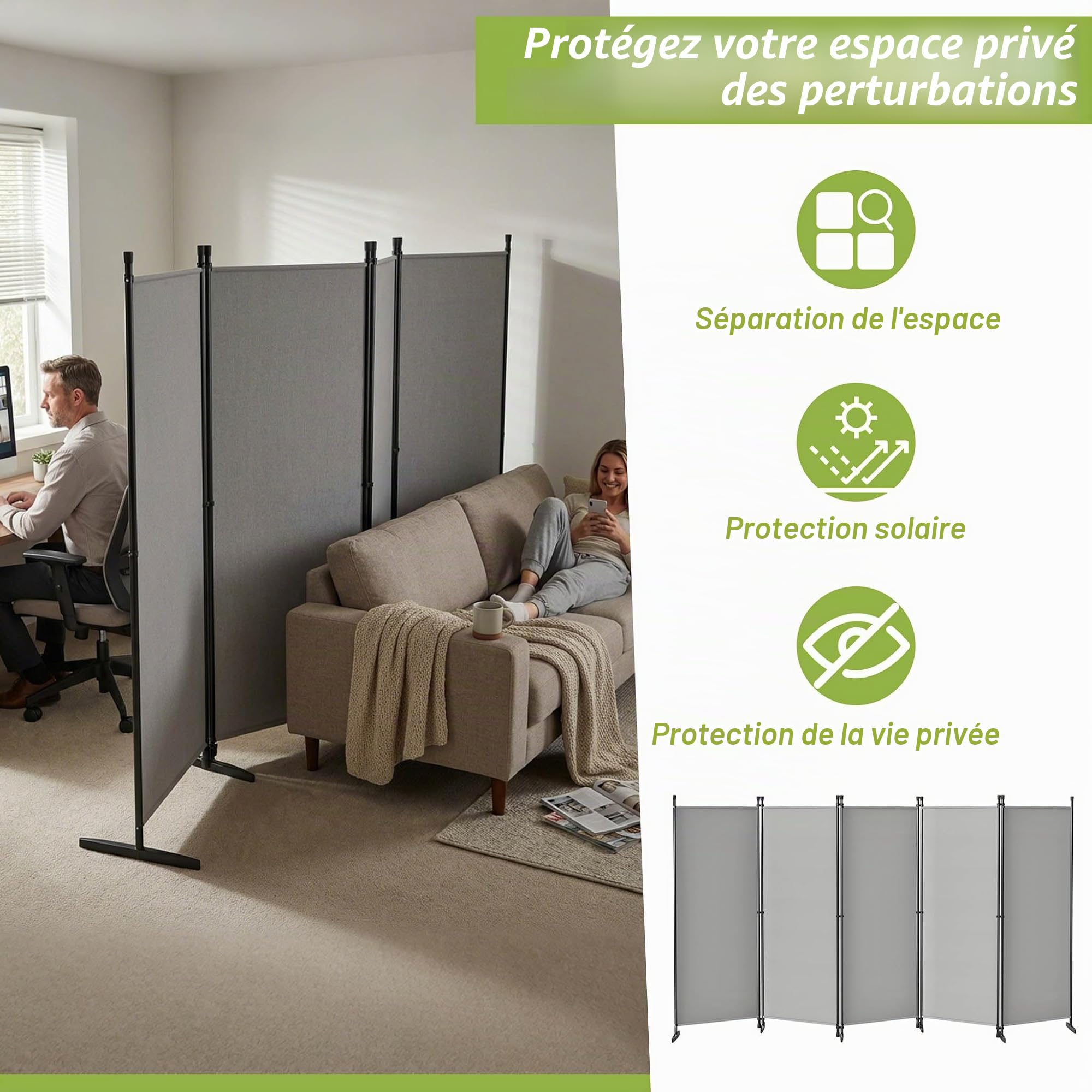 UISEBRT Paravent d'extérieur résistant aux intempéries, avec piquets et haubans, 4 pièces, 200 x 180 cm, pliable, autoportant, sans perçage, brise-vue mobile pour jardin, terrasse, balcon, gris clair