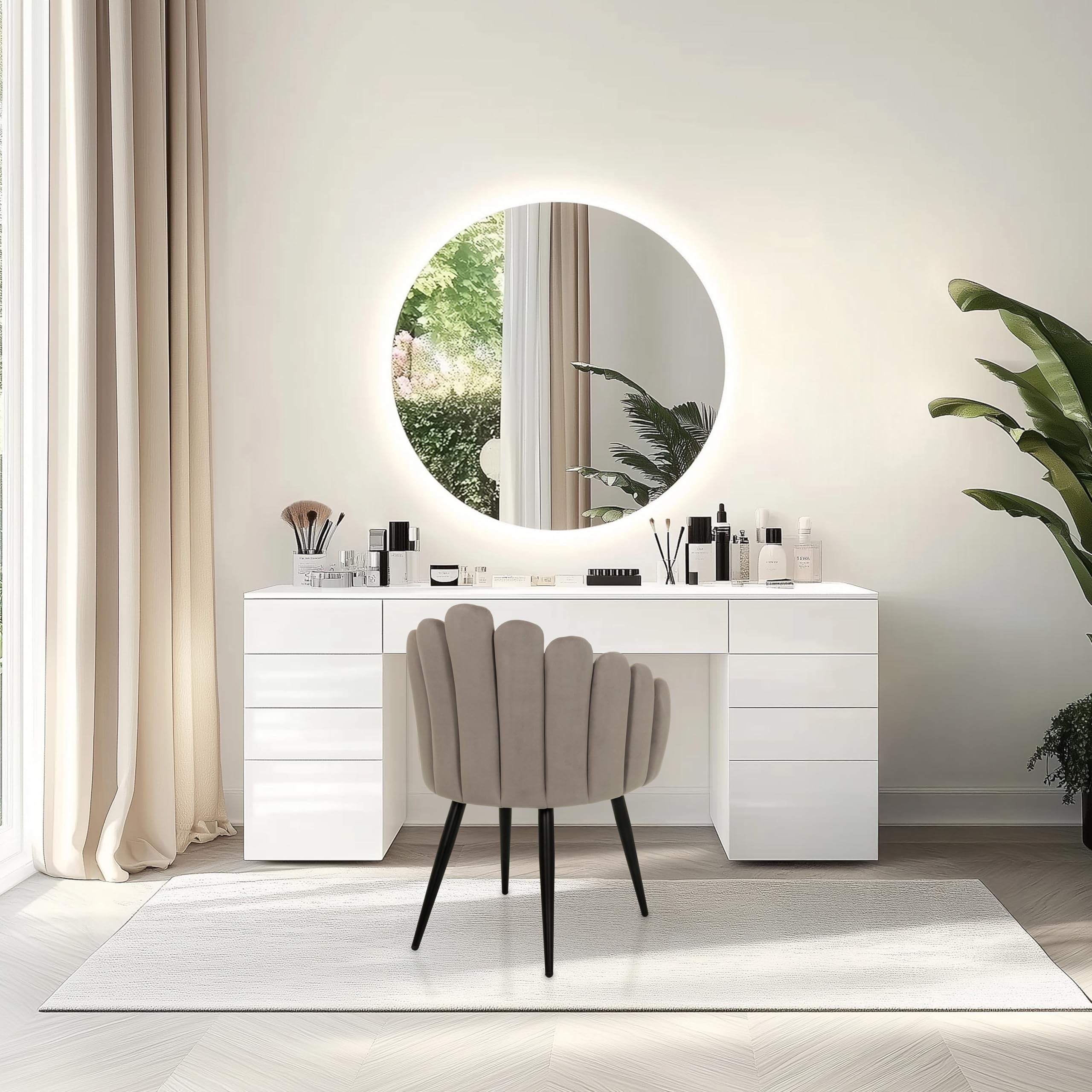 Silla tapizada con Respaldo en Forma de Concha de Terciopelo SCALLORE Silla de Comedor con Conchas tapizadas con Patas de Metal (Gris)