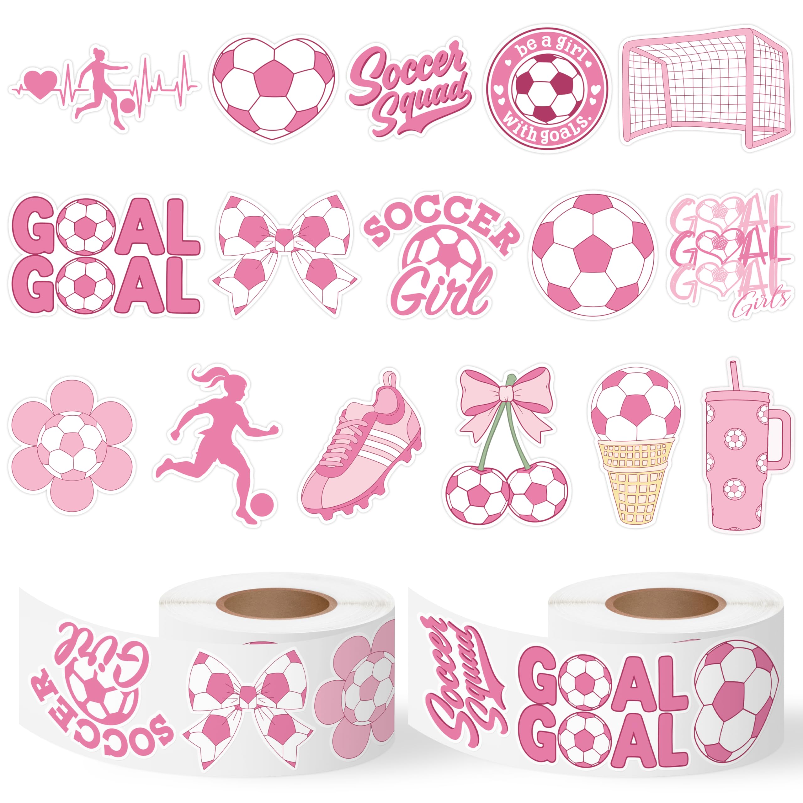 Pink Soccer Stickers Roll - 16 Designs Premium Waterproof Vinyl Football Self Adhesive Decals for Girls Women Team Water Bottle Laptop Scrapbook Party Favors Gift