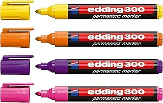 edding Juego de 4 rotuladores permanentes 300, recargables, 1,5-3 mm, colores adicionales, amarillo, naranja, morado y rosa