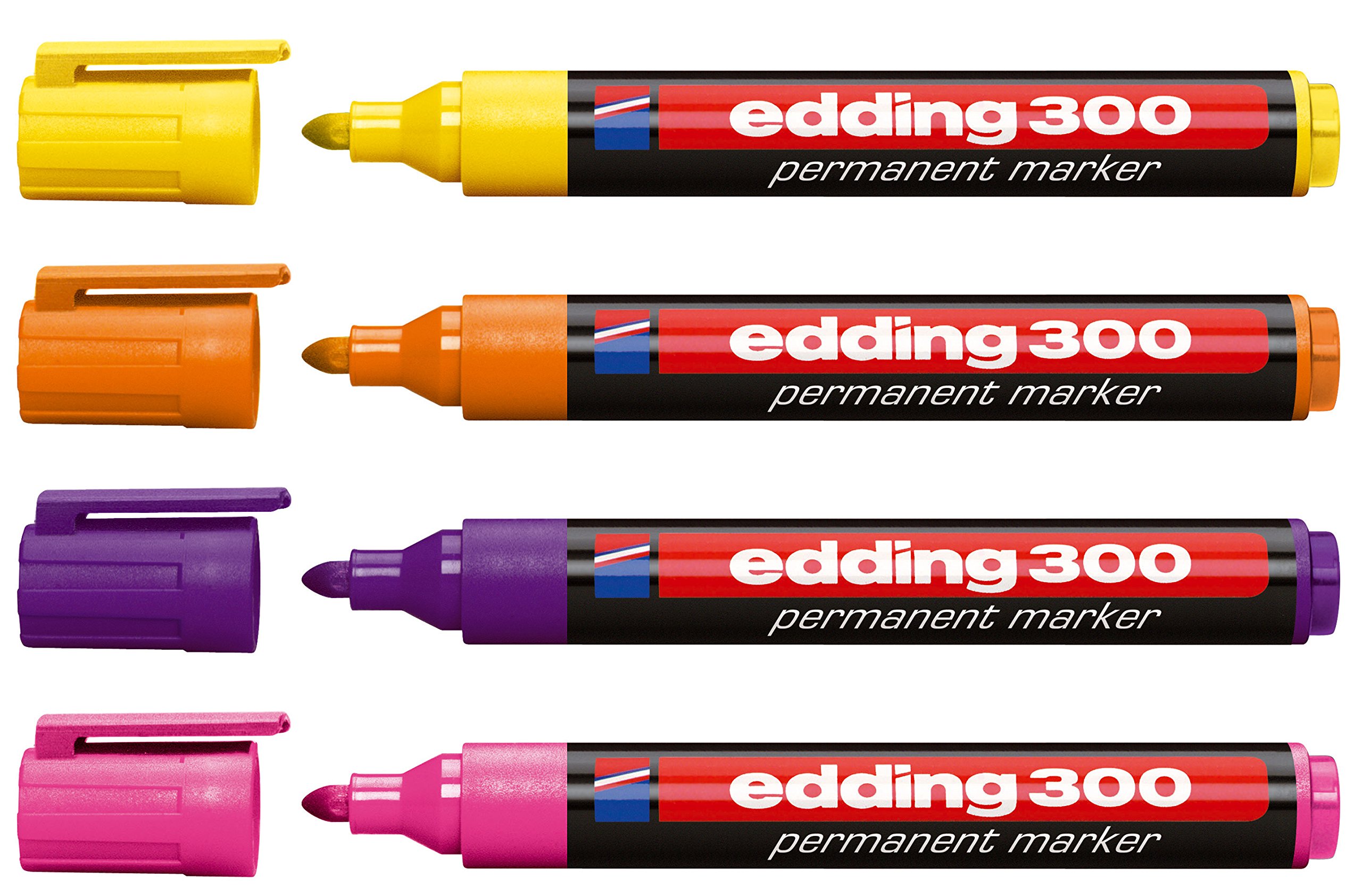 edding Juego de 4 rotuladores permanentes 300, recargables, 1,5-3 mm, colores adicionales, amarillo, naranja, morado y rosa