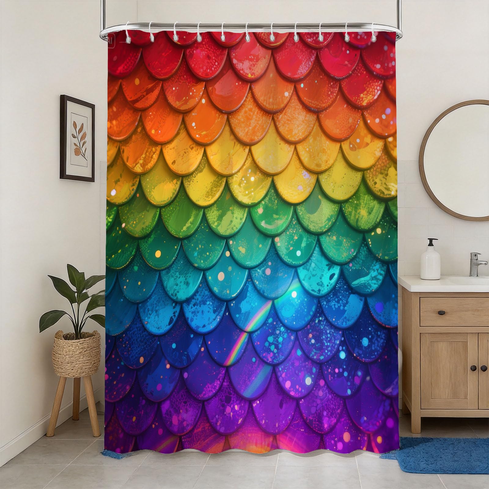 Hongduo 3D Rainbow Scales Shower Curtain for Stalls Bathtubs Dreamy Bathroom Decor Shower Curtain Set Polyester Fabric Waterproof 180x180cm/71X71 Inch with Hooks