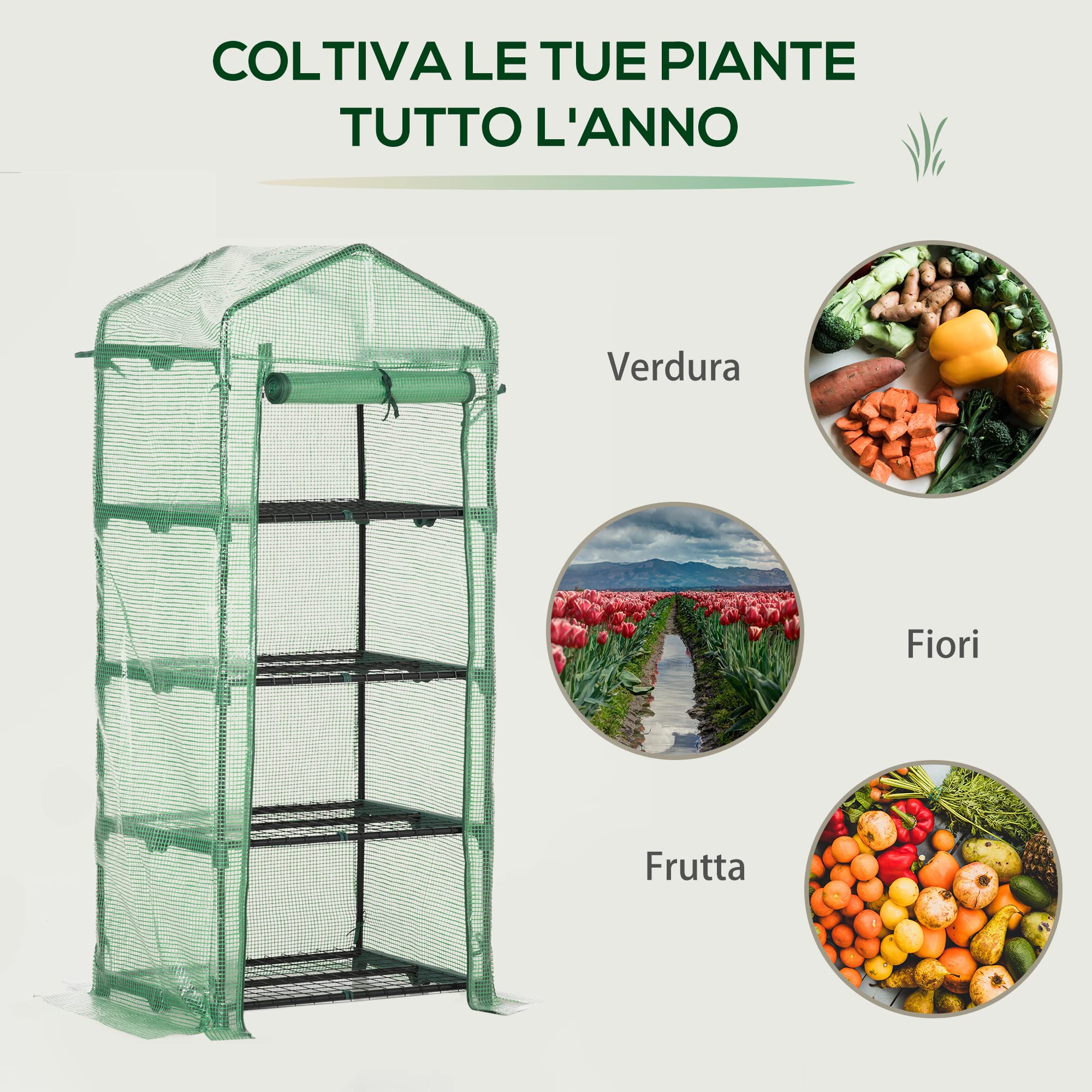 Outsunny Serra per Piante Verticale con Scaffale a 4 Ripiani, Serra da Balcone e Terrazzo in Acciaio e PE Verde Scuro, 70x50x160cm