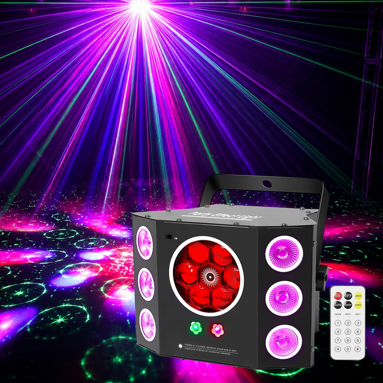 Luces de fiesta, luz de discoteca, luces de DJ, luces estroboscópicas LED 4 en 1 y efecto gobos de haz verde rojo, DMX de 16 canales con sonido activado para fiesta de Halloween de Navidad