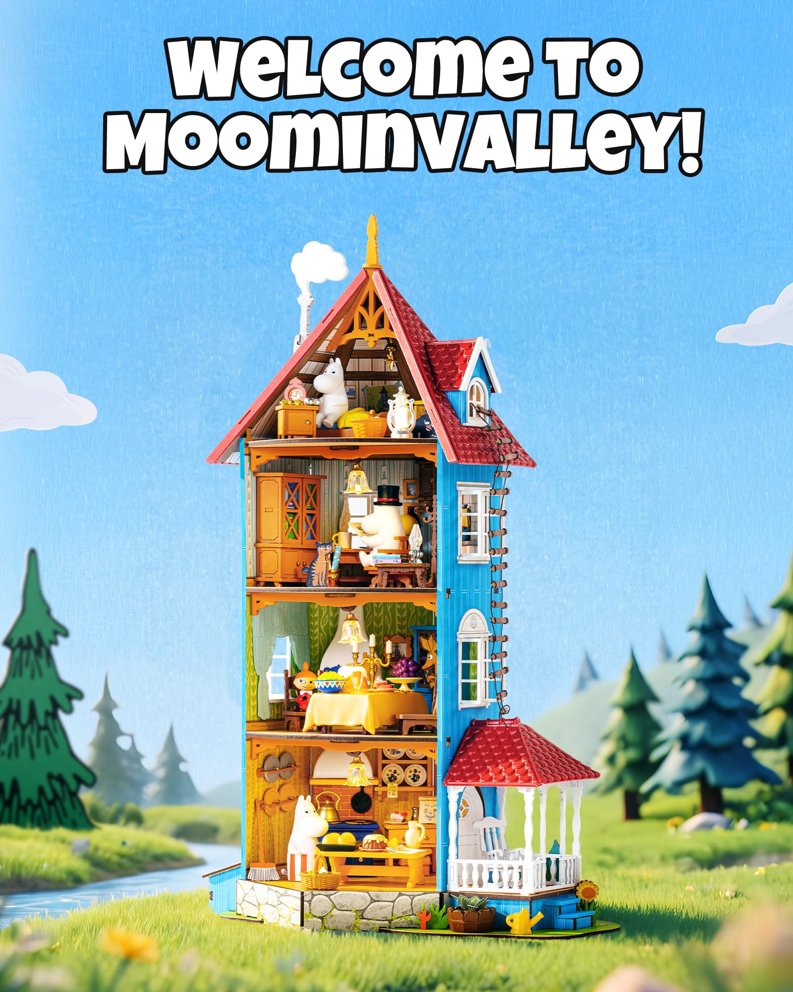 Rolife Muminhaus Miniaturhaus Bausatz, Mumintal Puppenhaus mit LED Beleuchtung, Kreatives Geschenk für Weihnachten und Geburtstag, 7 Stunden