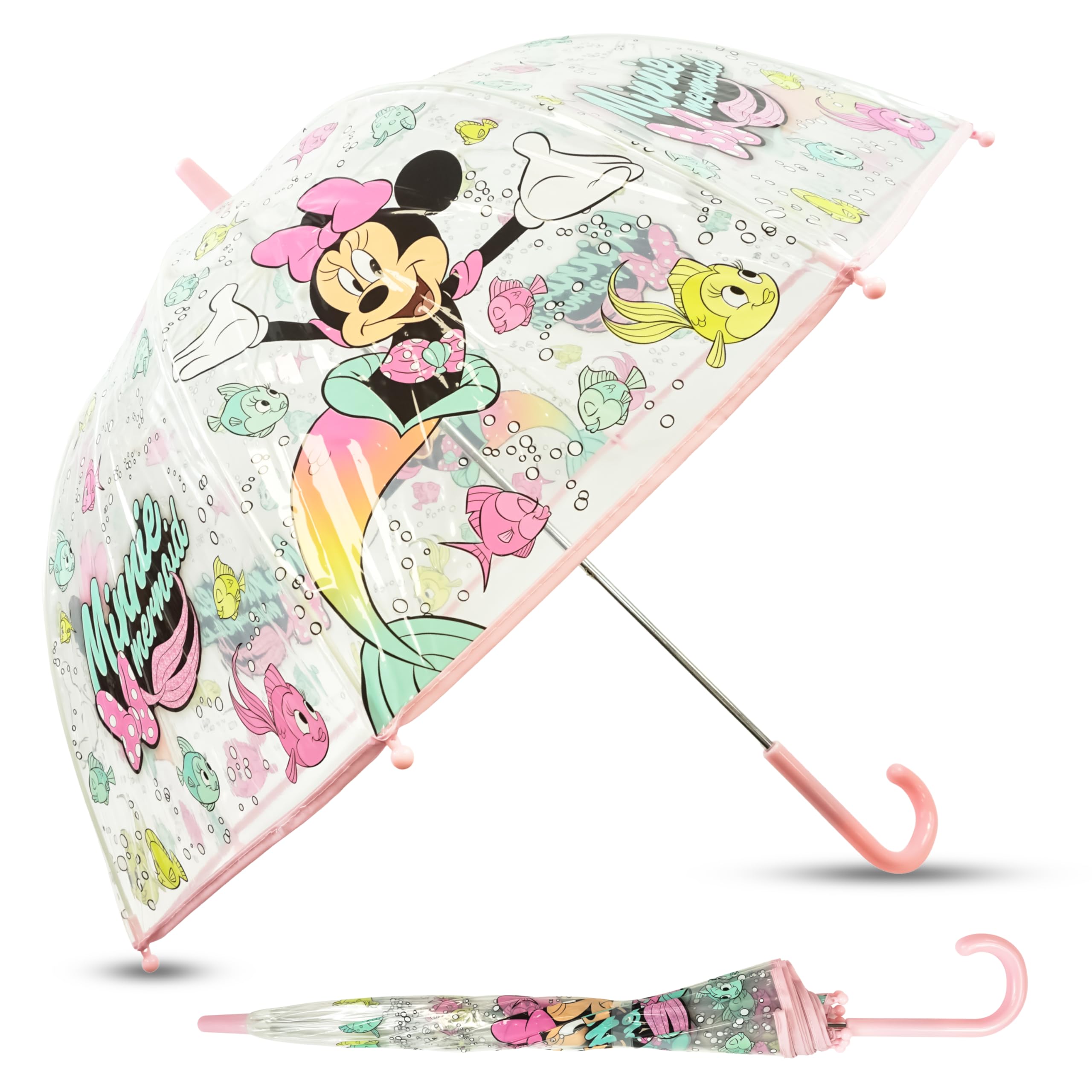 SRV Hub Minnie Mouse Kids Transparent Umbrella, 75cm PVC Dome, Windproof, Lightweight, Waterproof for Girls 3-7 Years, Durable J Handle, Rain & Sun Protection