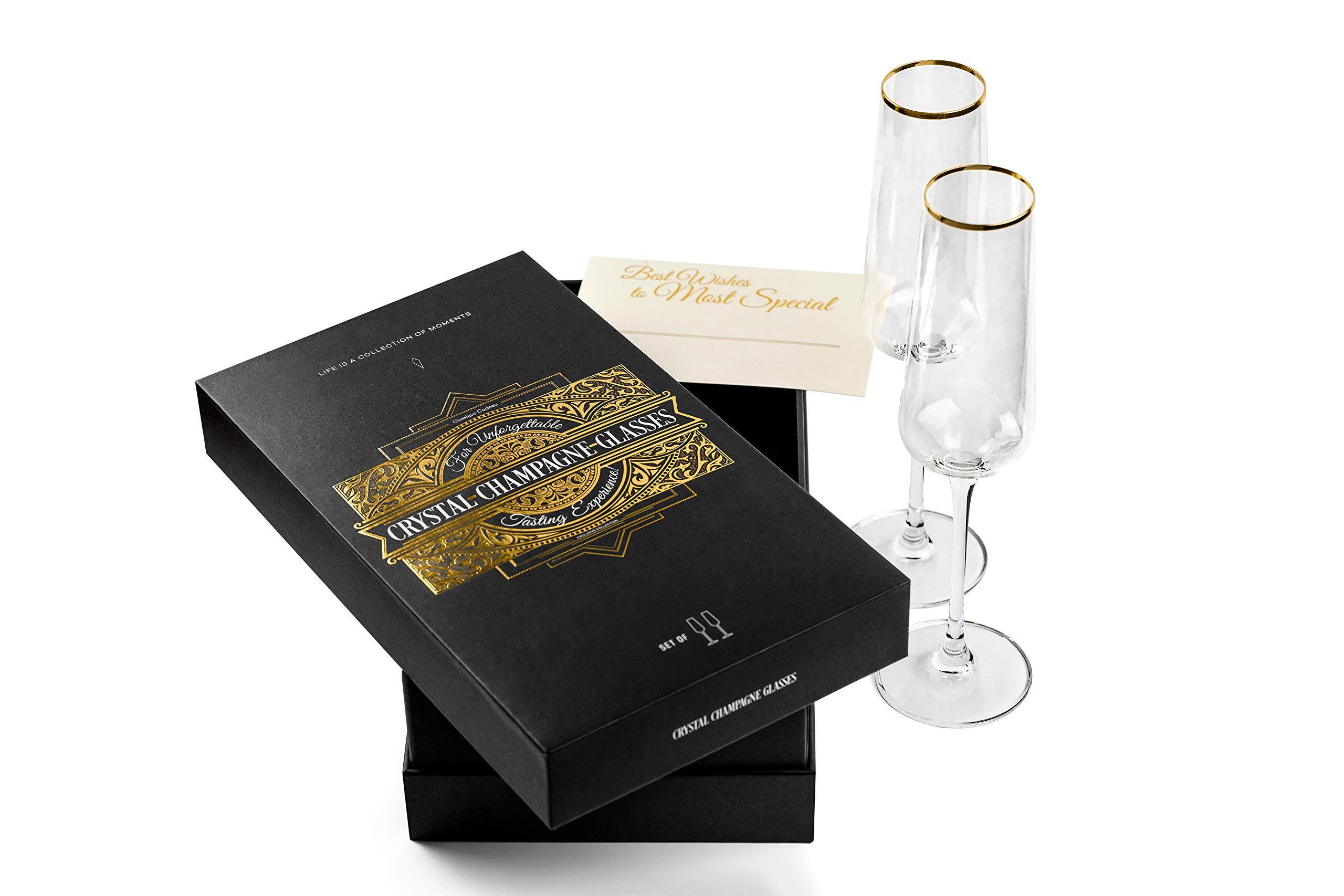 Copas de Champán con Borde Dorado para Regalo | Juego de 2 | Copas de Brindis de Cristal para Novios, Bodas, Aniversarios y Cumpleaños | Elegante Cristalería para Cava, Prosecco, Vino Espumoso