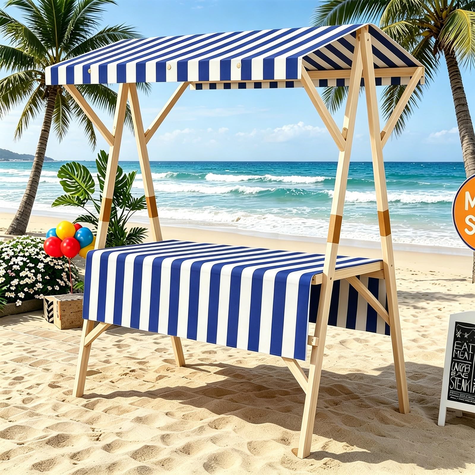 WNGJZZYC Commercial Kiosk Stalls Display Stand, Foldable Wooden Market Stall Booth with Canopy, Portable Vendor Cat for Outdoor Events, Markets & Street Food(Blue,L 150cm/59.1in)