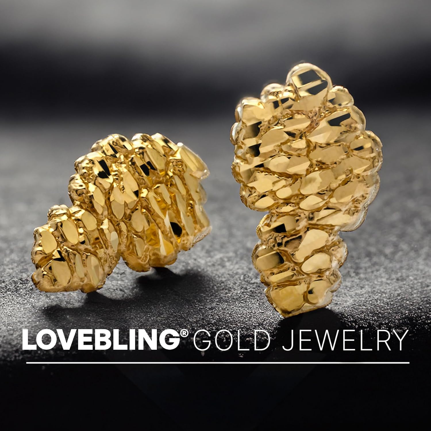 LoveBling 10K Yellow Gold Nugget Earrings (0.77" x 0.46")