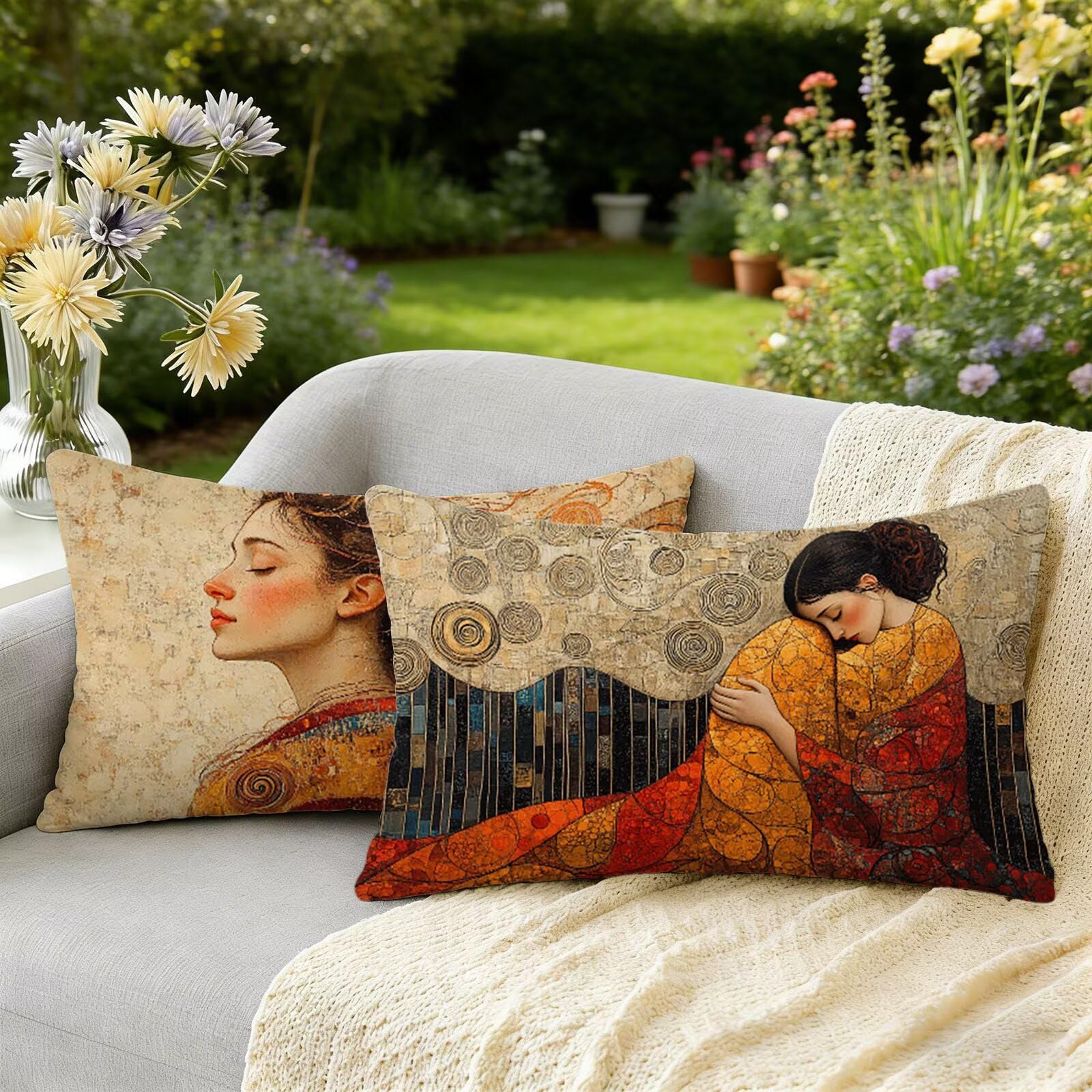 Federe Cuscini Divano 40 x 80, Klimt Cuscini da Esterno Impermeabili Rettangolari, 2 Pezzi Lino Copricuscini con Cerniera Invisibile, per Soggiorno Camera da Letto, Regalo per Donna, Donna E-5395